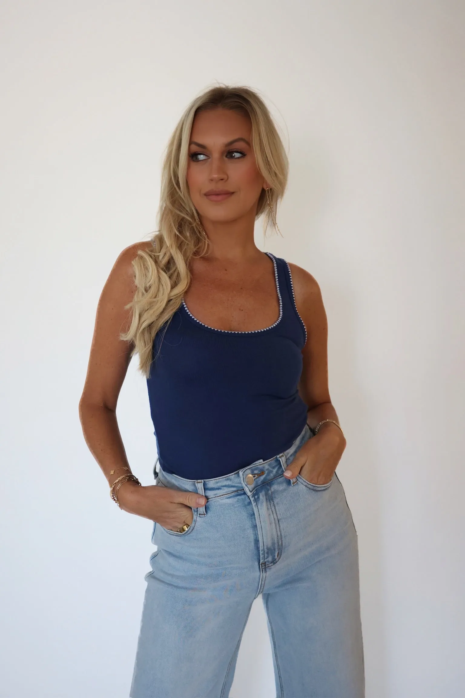 WrinkleFree Finish Trendy Cardigan Casa Whipstitch Tank- Yacht Blue