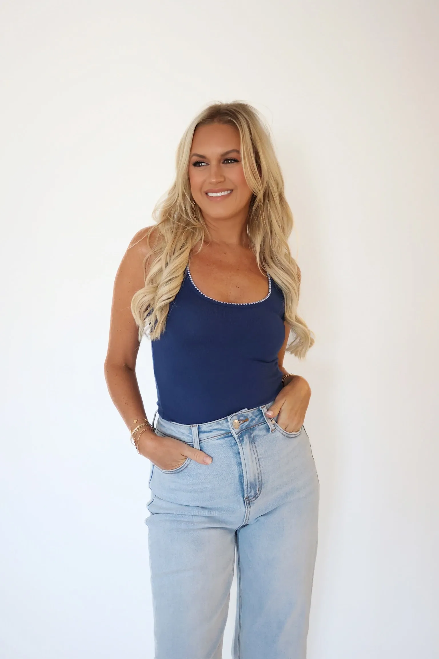 Casa Whipstitch Tank- Yacht Blue Vintage Pullover