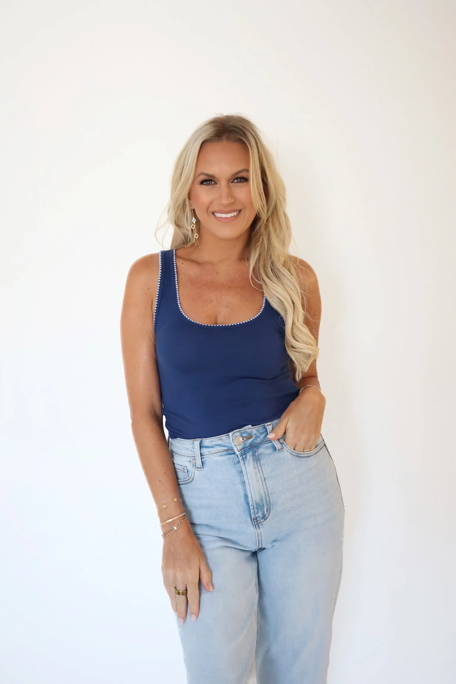 Casa Whipstitch Tank- Yacht Blue FourWay Stretch Basic Tank