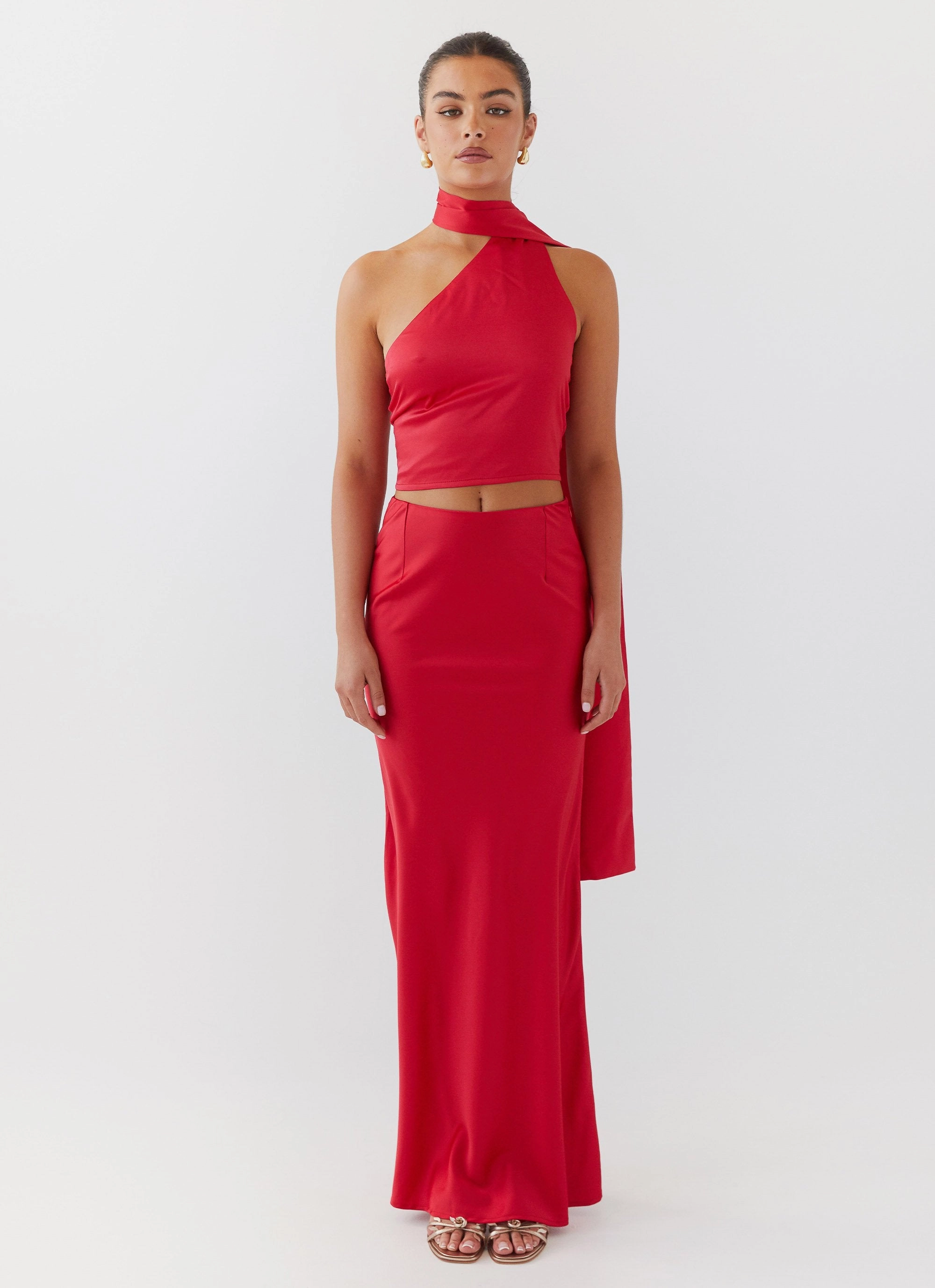 Josefina Satin Scarf Top - Rouge Red Modern Layers Anti Pilling Surface