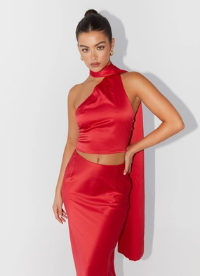 Josefina Satin Scarf Top - Rouge Red Simple Modern Piece Removable Hood