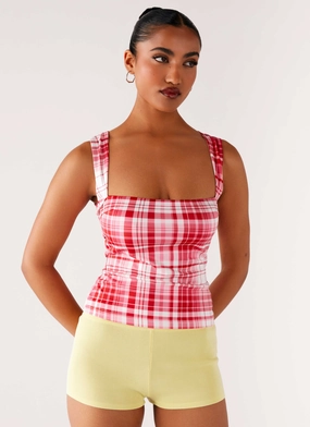 No Drama Strap Top - Pink Check Flexible Waistband