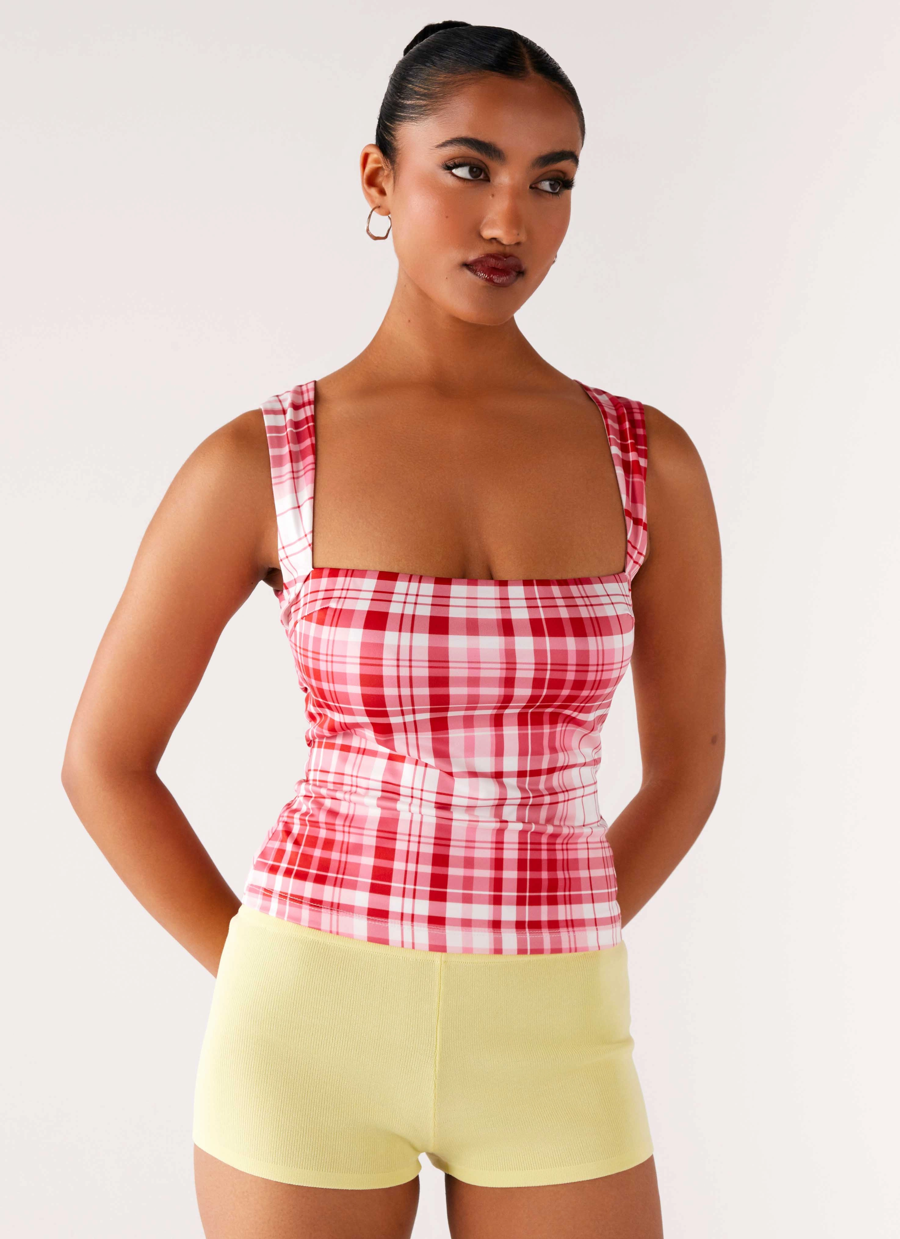 No Drama Strap Top - Pink Check Flexible Waistband