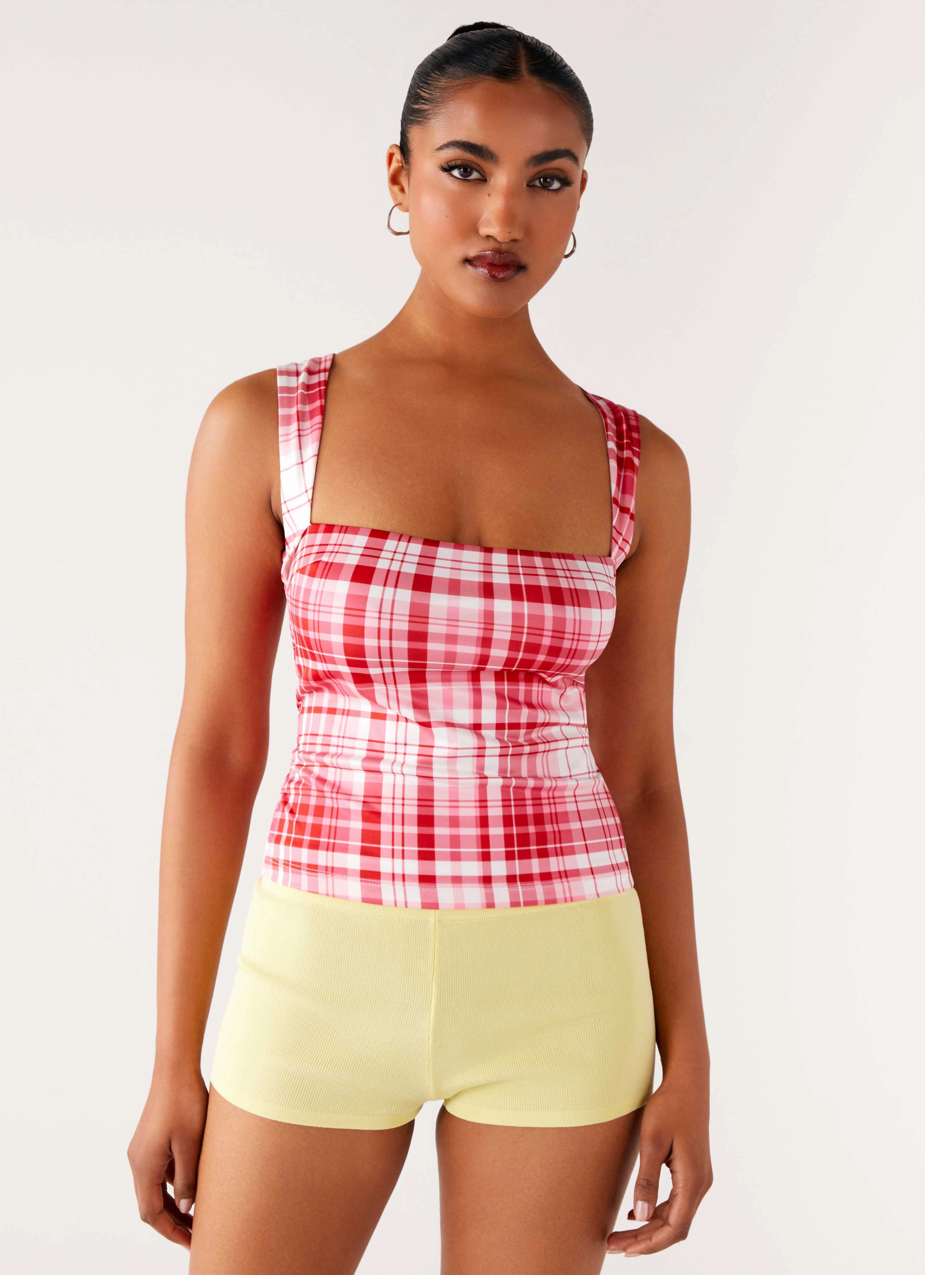 Everyday Fashion No Drama Strap Top - Pink Check