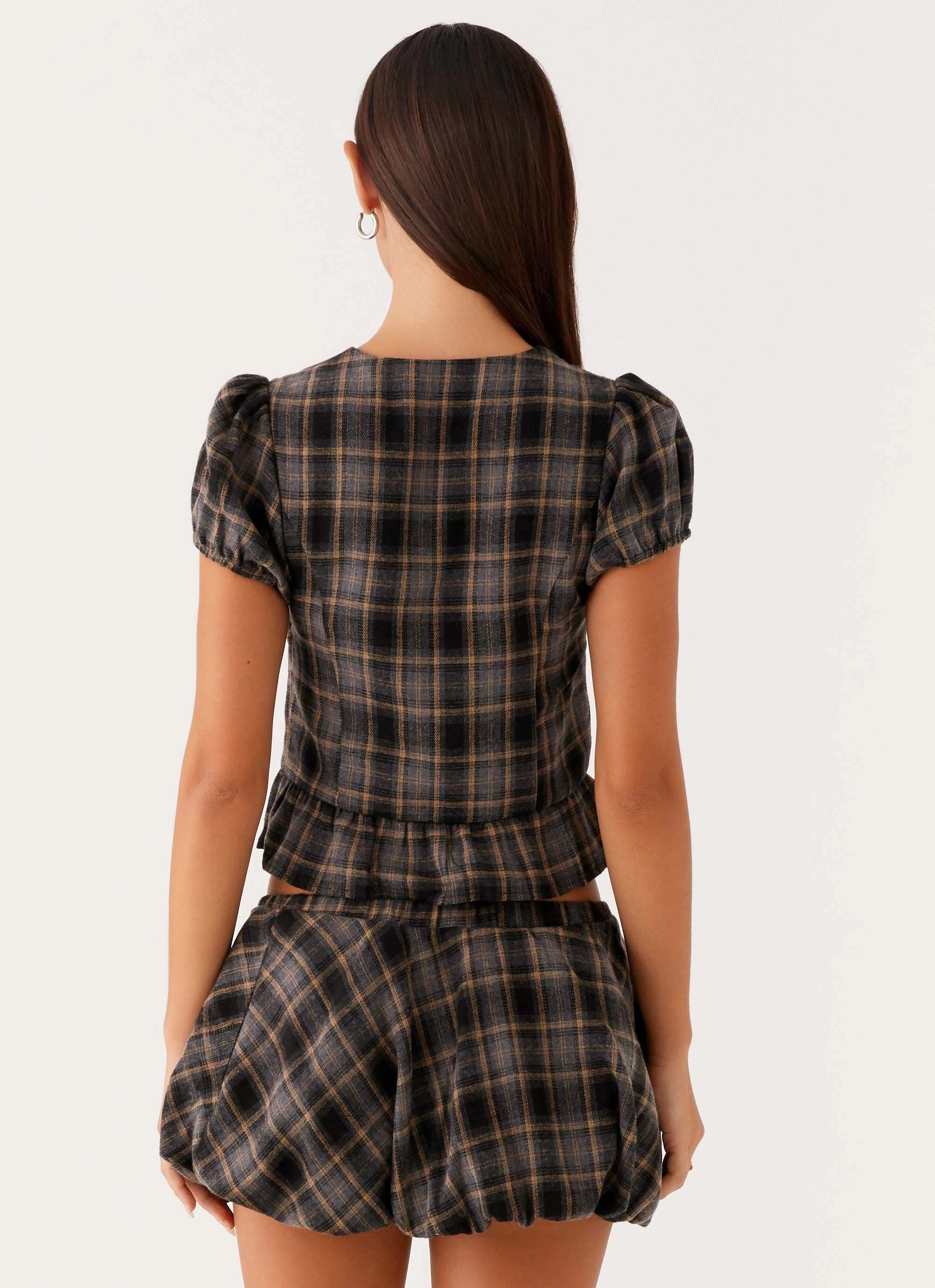 Lucia Mini Skirt - Brown Check natural fiber Simple Fashion
