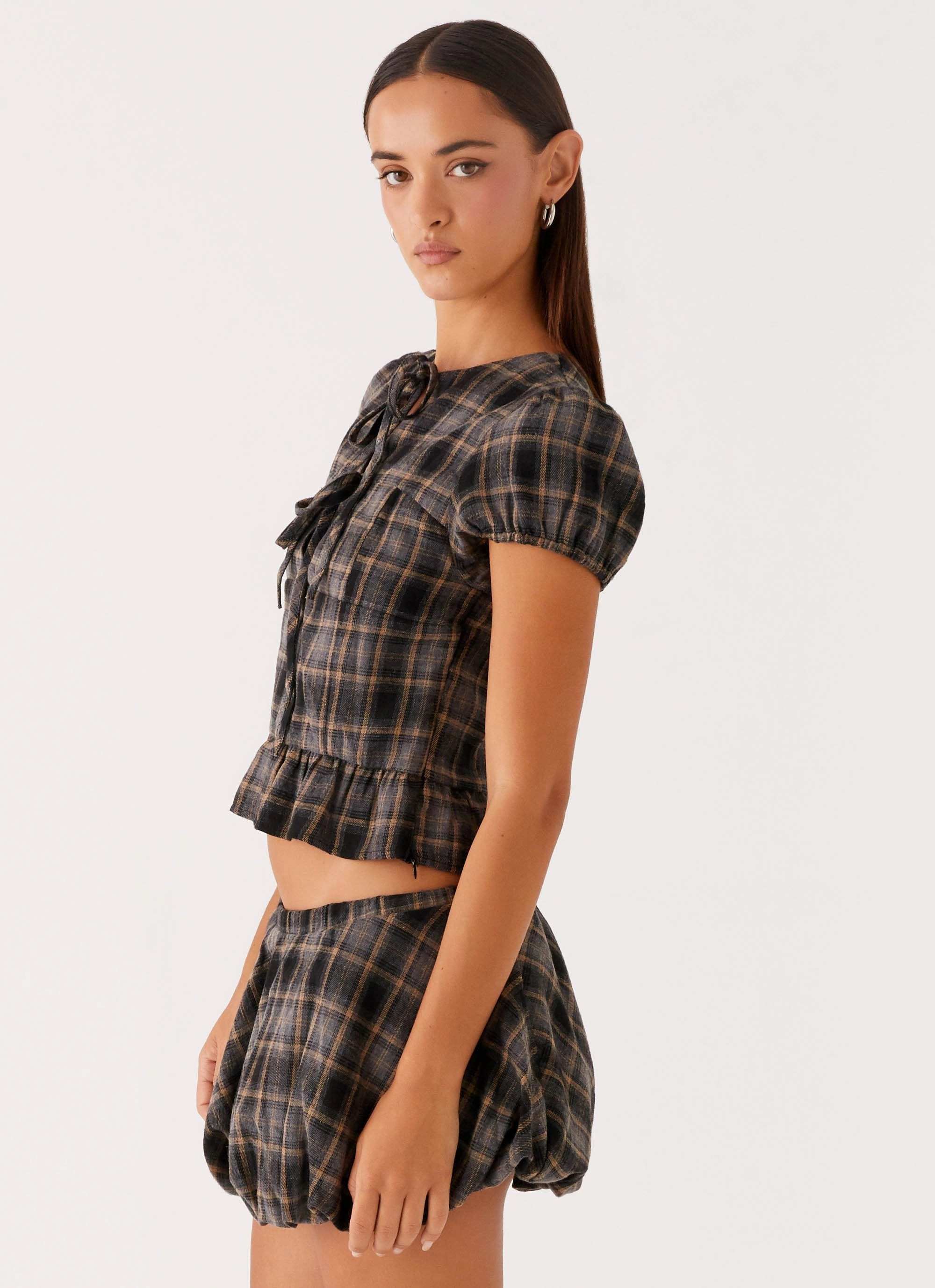 Relaxed Tank Lucia Puff Sleeve Top - Brown Check