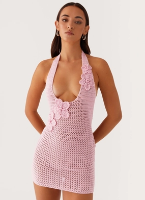 Luciana Crochet Halterneck Mini Dress - Pink Full Coverage Easy Flow