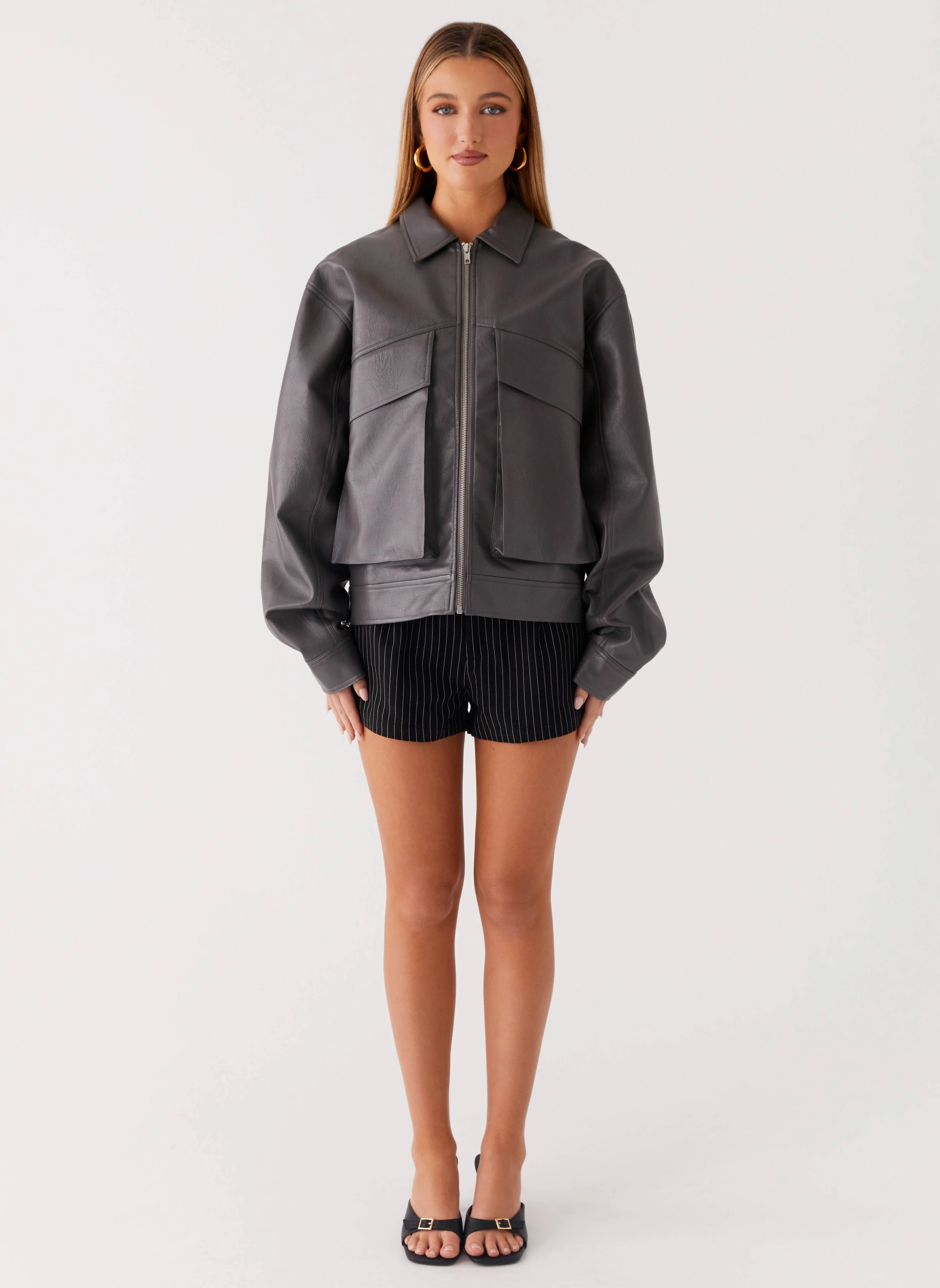 Fashion Event Runway Inspired Lula Faux Leather Bomber Jacket - Charcoal
