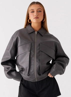 Elastic cuffs Removable Hood Lula Faux Leather Bomber Jacket - Charcoal