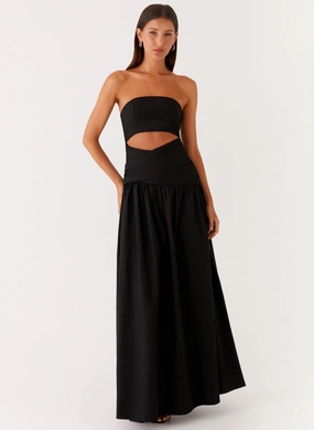 Sophisticated Waist Premium Fabric Lumen Maxi Dress - Black