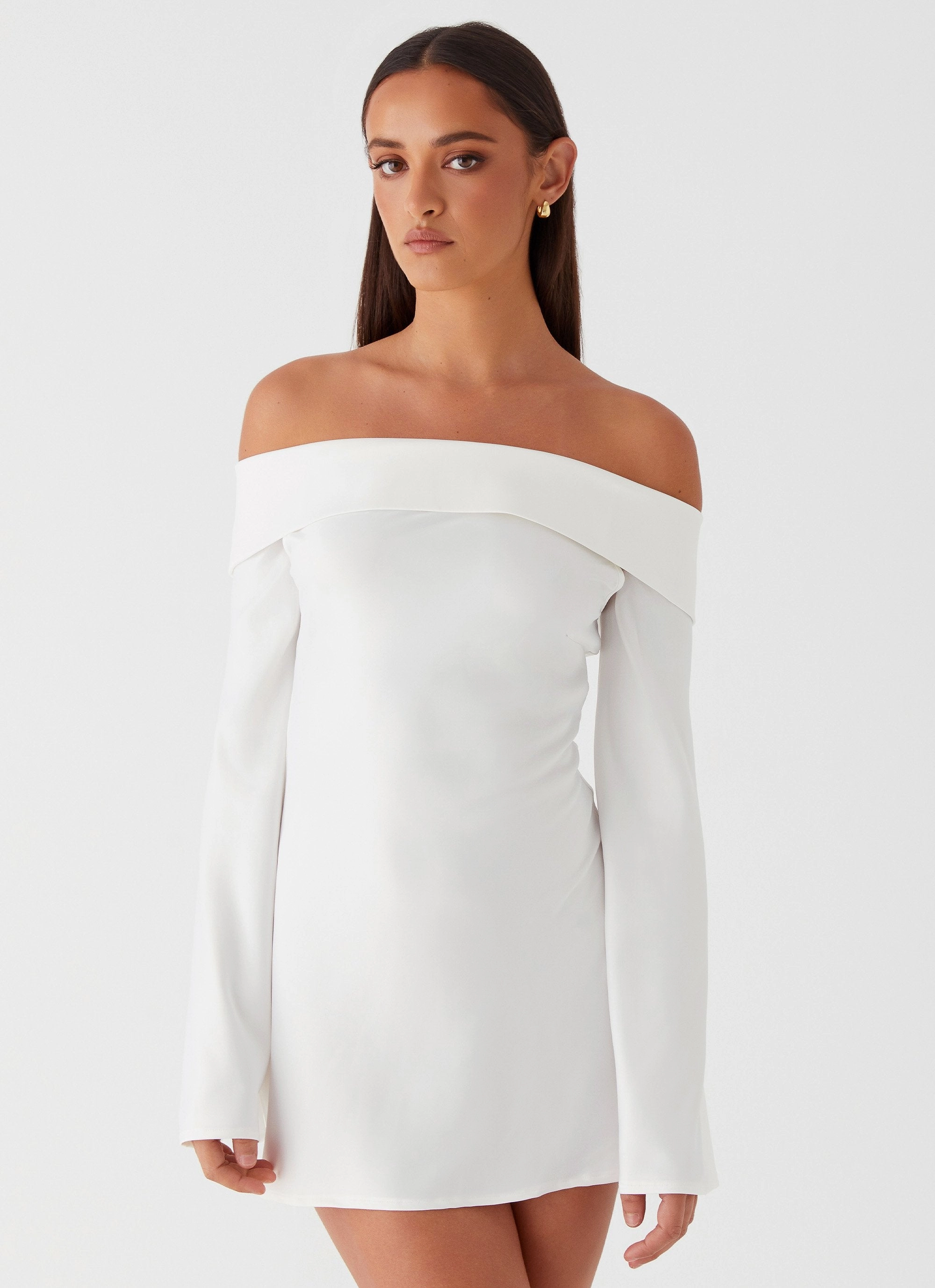 Ruffle Detail Lumina Long Sleeve Mini Dress - White