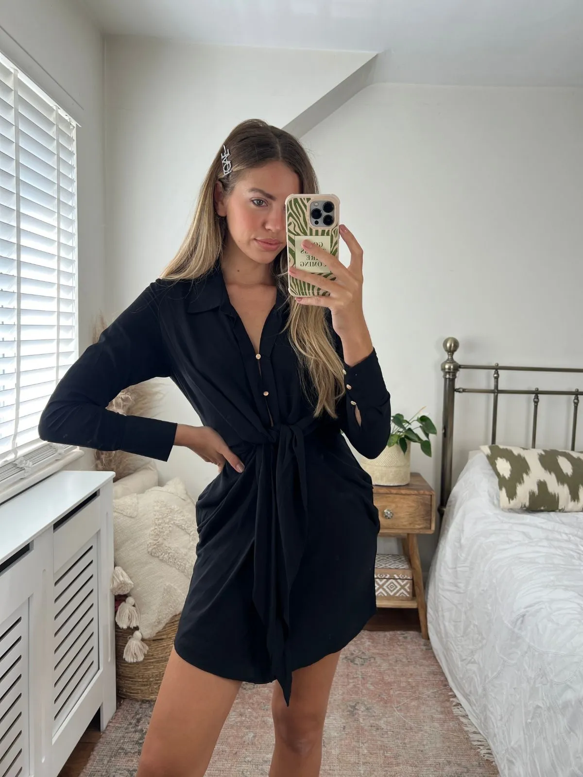 Venus Tie Front Shirt Dress / Black Soft Contour