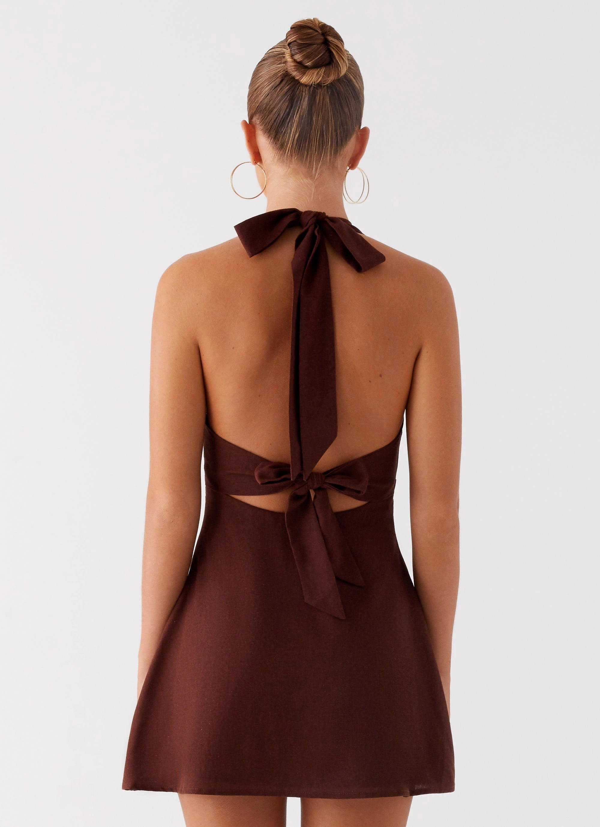 Heavy Hearted Linen Mini Dress - Brown Cold-Shoulder