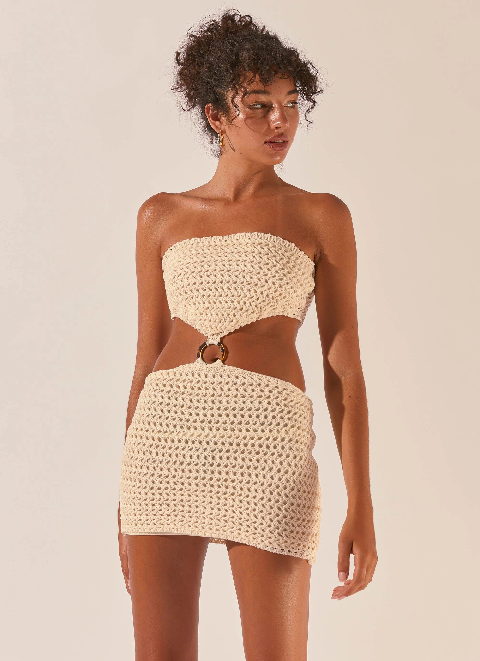 Fitted waist Balmy Nights Crochet Mini Dress - Seashell