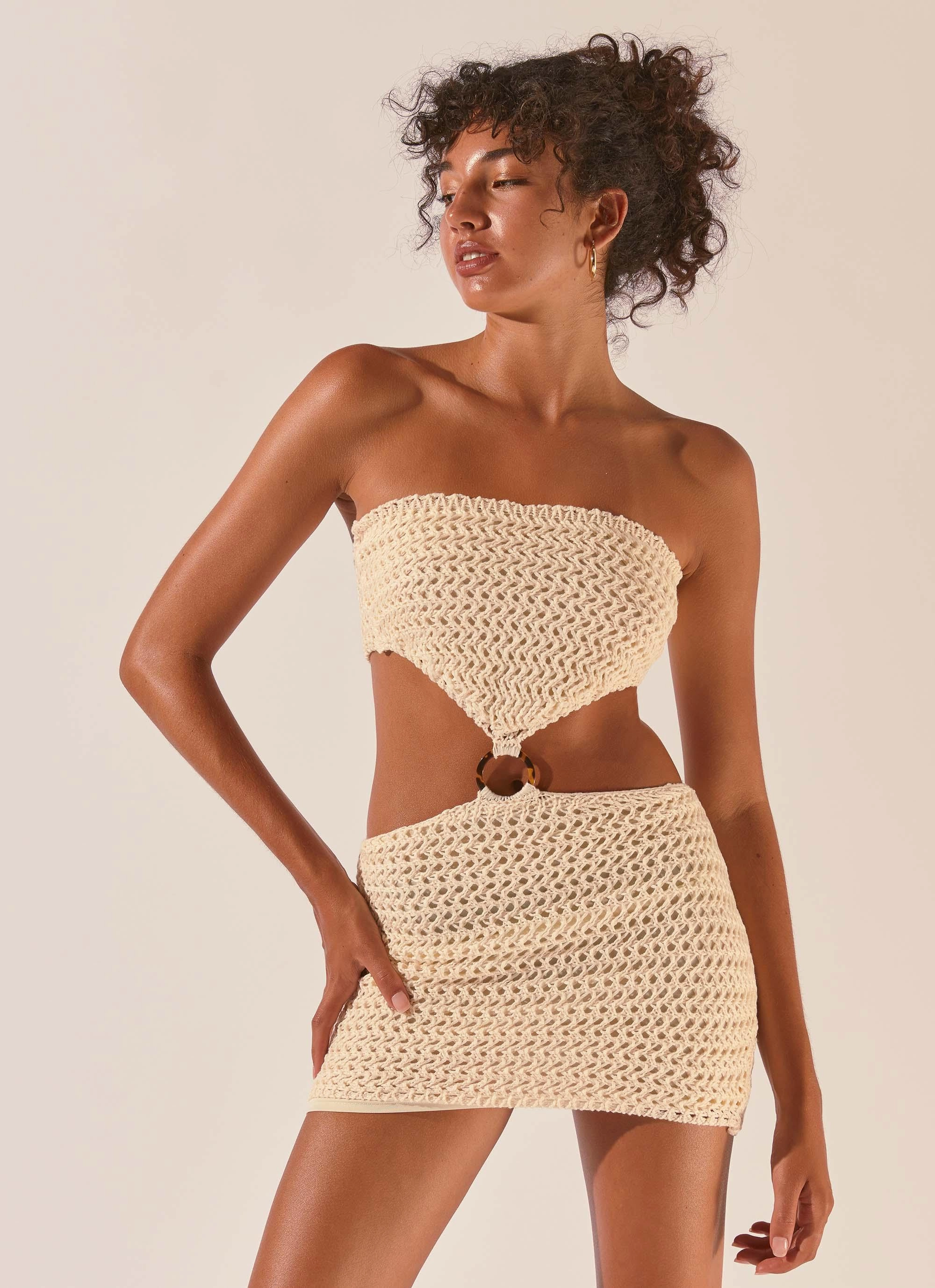 Balmy Nights Crochet Mini Dress - Seashell Fitted Style