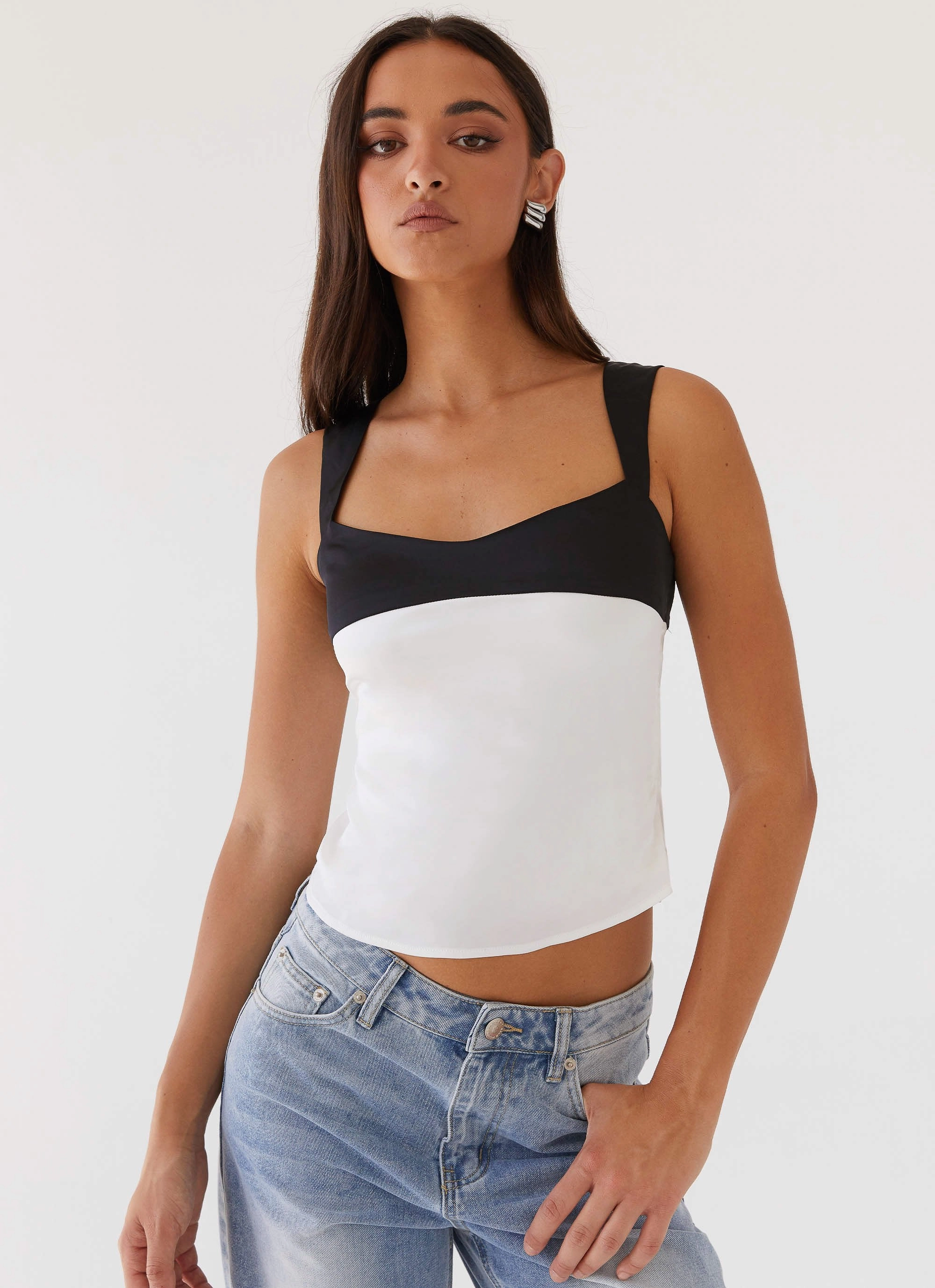 Lylah Satin Top - Noir Pearl DurableCollarStays Minimalist Silhouette Cut