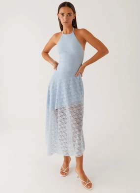Effortless Mood Button-Cuff Lyndal Lace Midi Dress - Blue