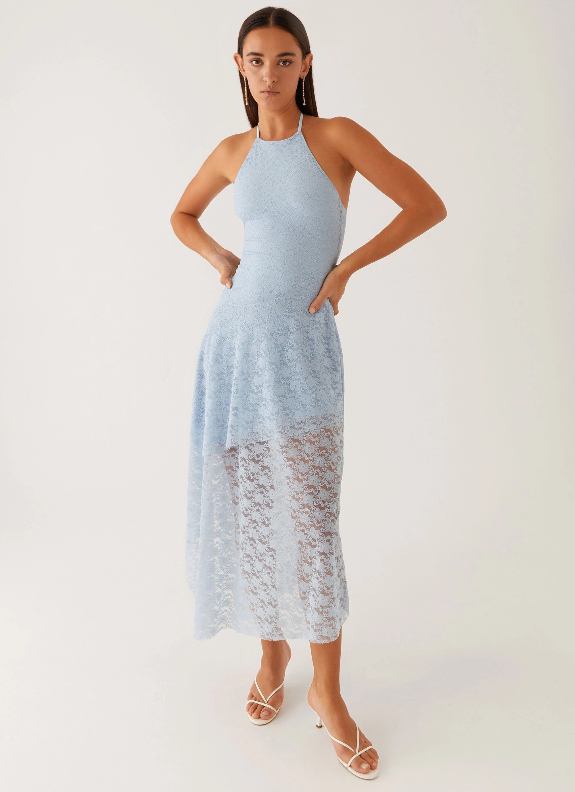 Effortless Mood Button-Cuff Lyndal Lace Midi Dress - Blue