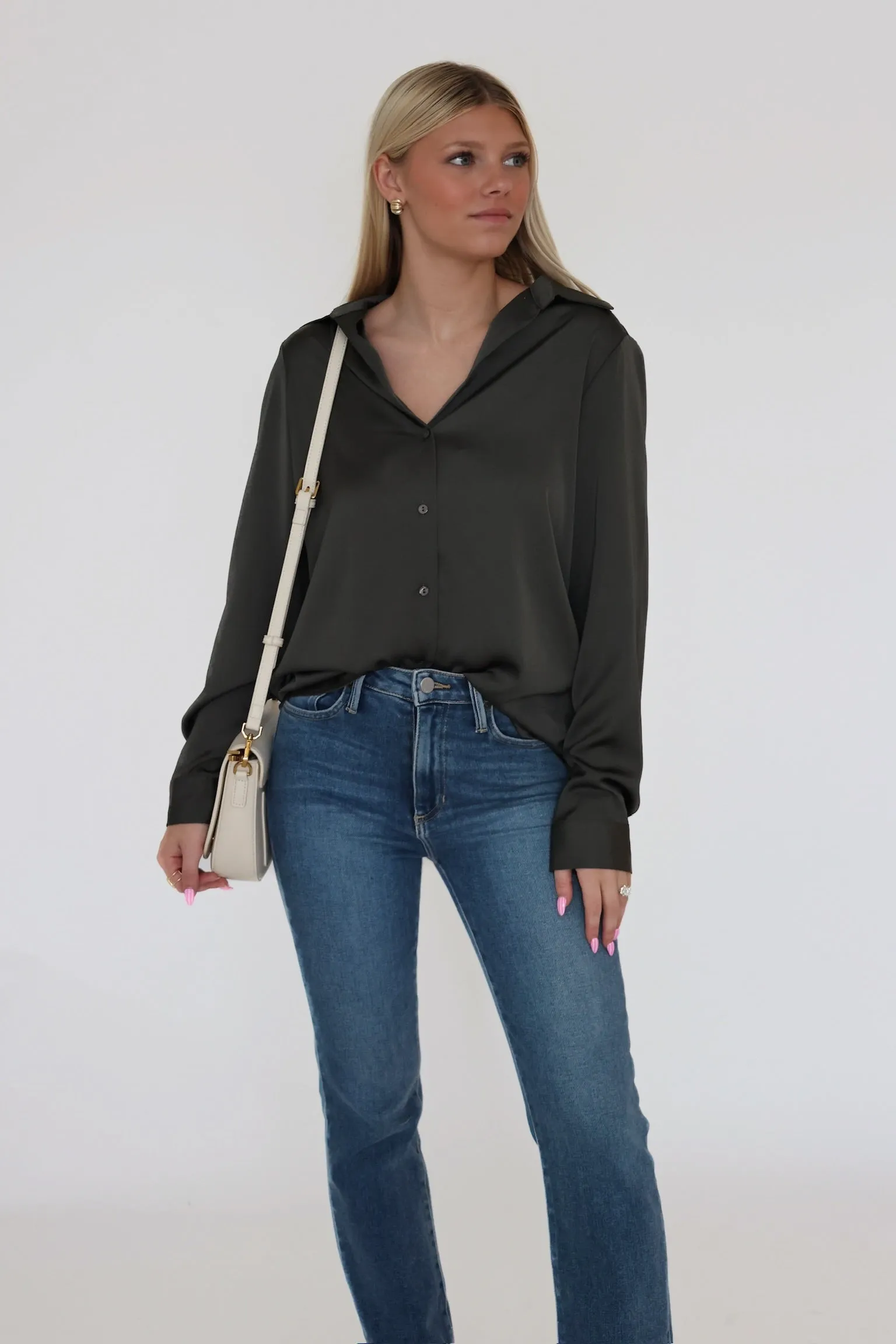 Butter Soft Handfeel Double Layered Hood Assembly Lyza Satin Button Up- Dark Olive