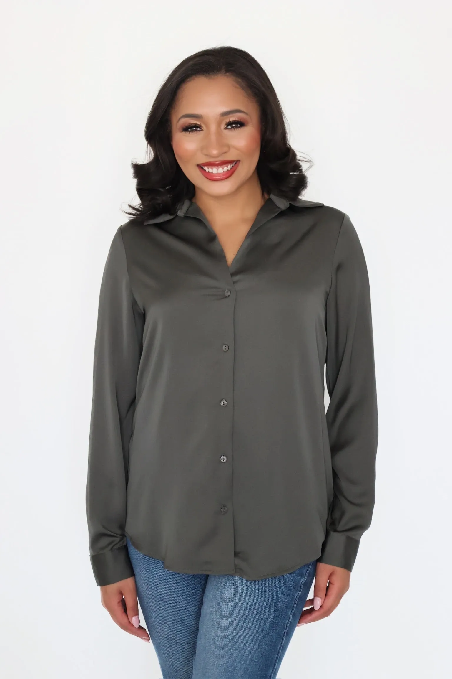 Lyza Satin Button Up- Dark Olive Double Layered Hem