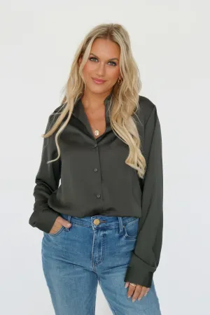 ConvertibleCollar YarnDyedQuality Lyza Satin Button Up- Dark Olive