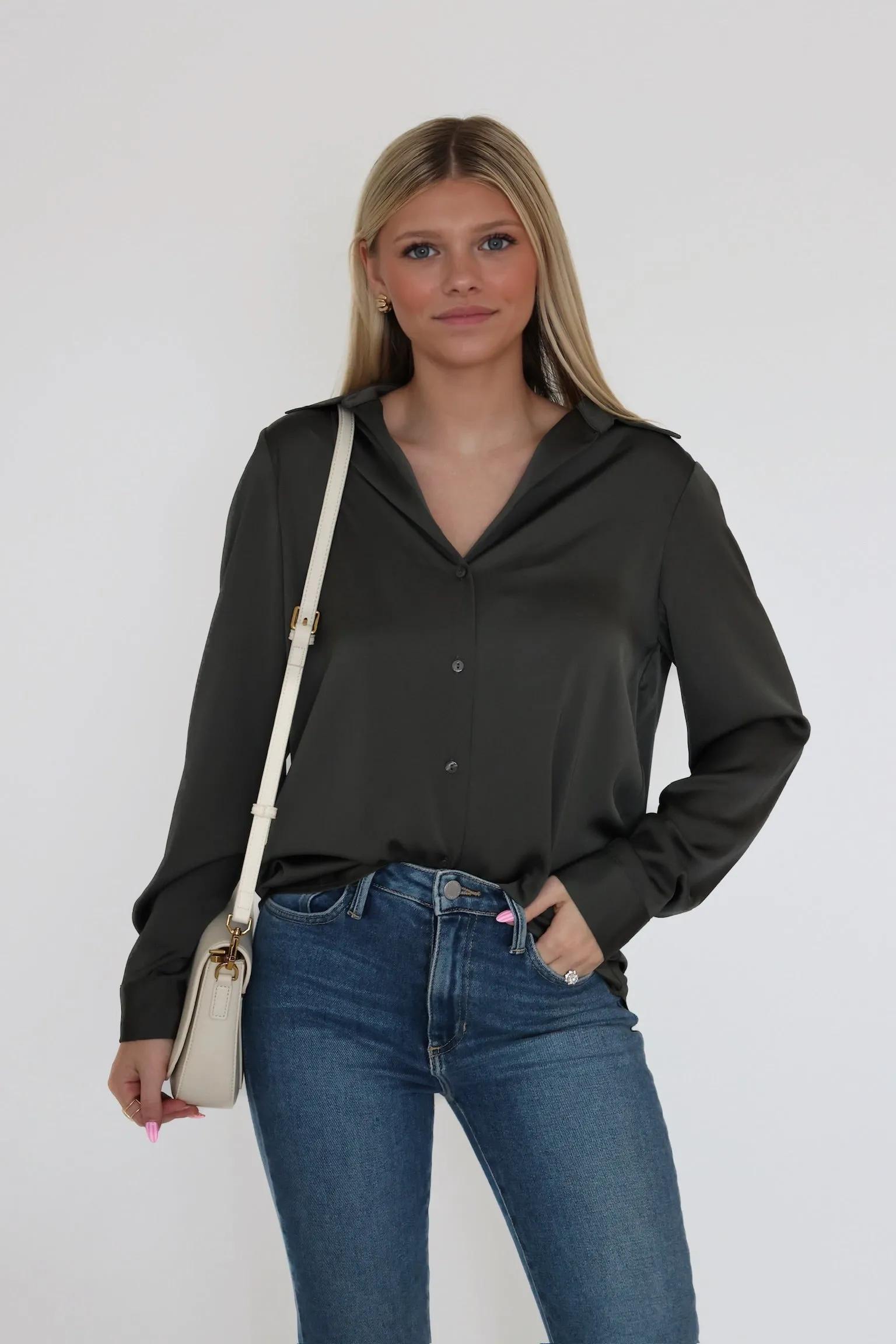 Lyza Satin Button Up- Dark Olive Asymmetrical hem