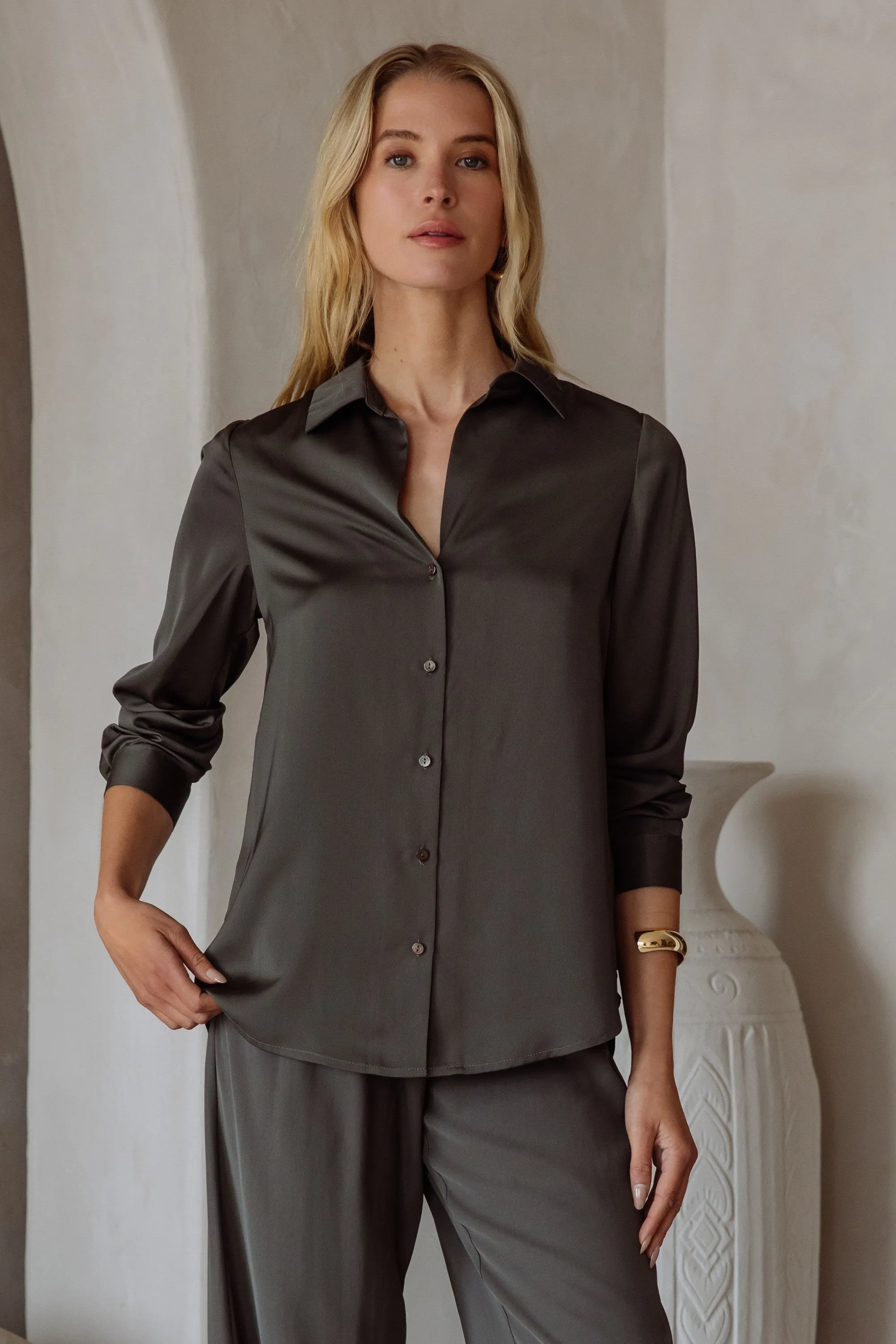 Noise Reducing Fabric Treatment Long Sleeve Tee Lyza Satin Button Up- Dark Olive