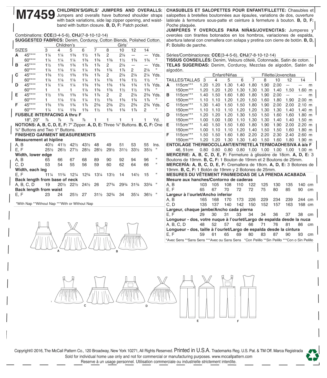 M7459 Children's/Girls' Jumpers and Overalls