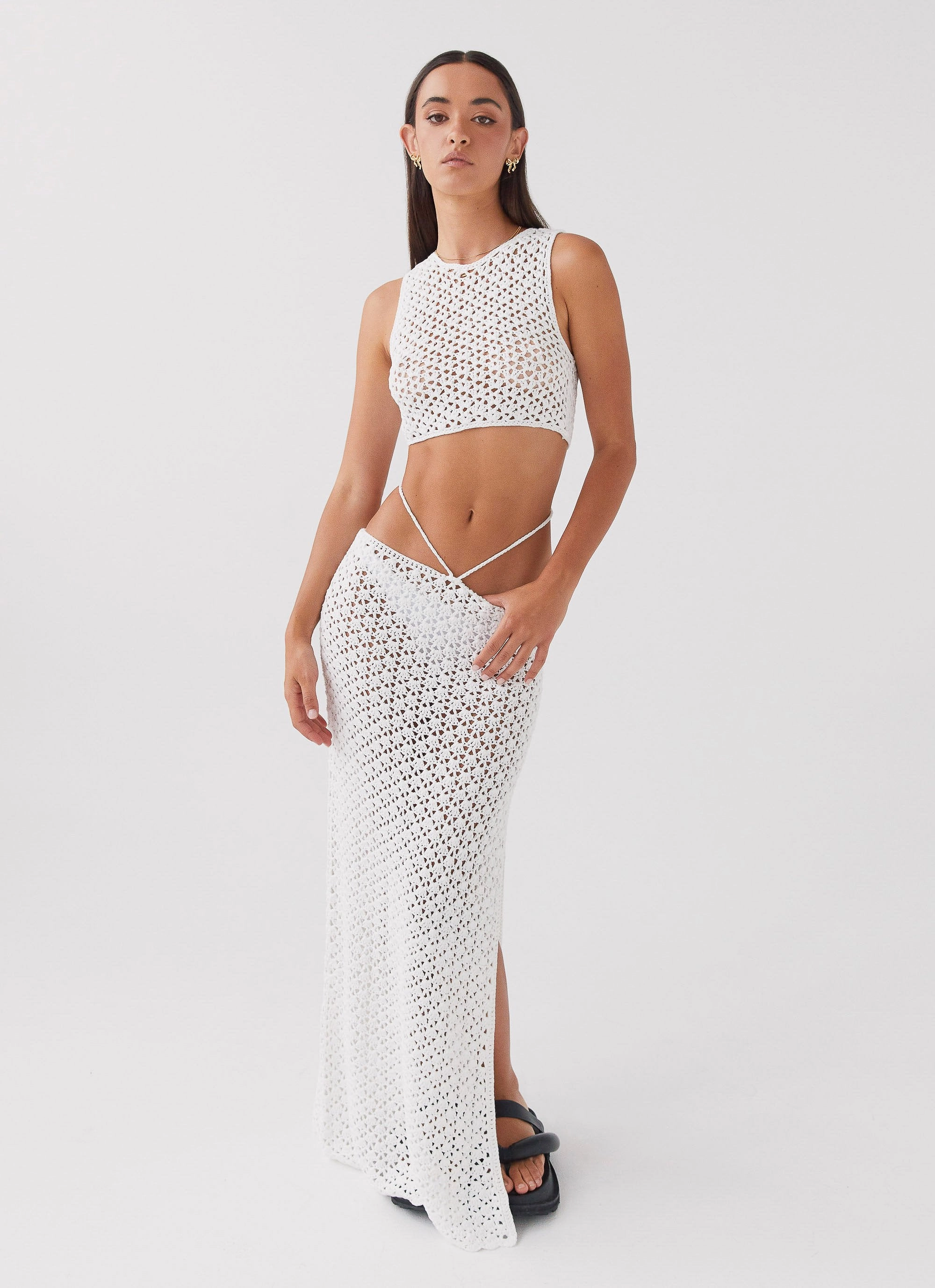 Mabel Bay Crochet Maxi Skirt - White Quilted Lining Micro Perforated Panels