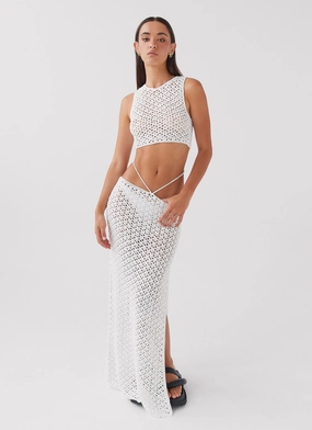 Mabel Bay Crochet Maxi Skirt - White Quilted Lining Micro Perforated Panels