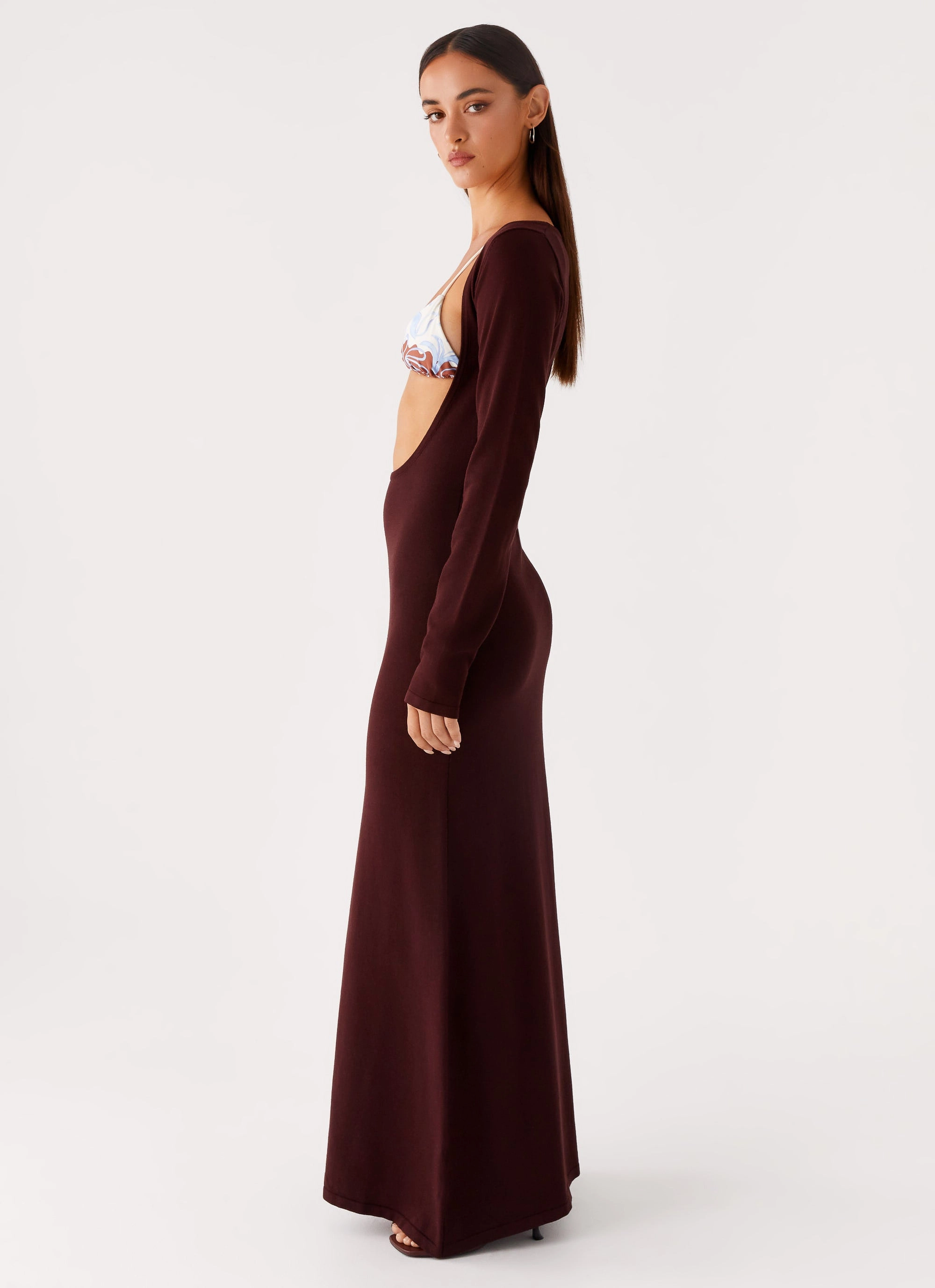 Adora Long Sleeve Knit Maxi Dress - Chocolate Pleated-Texture