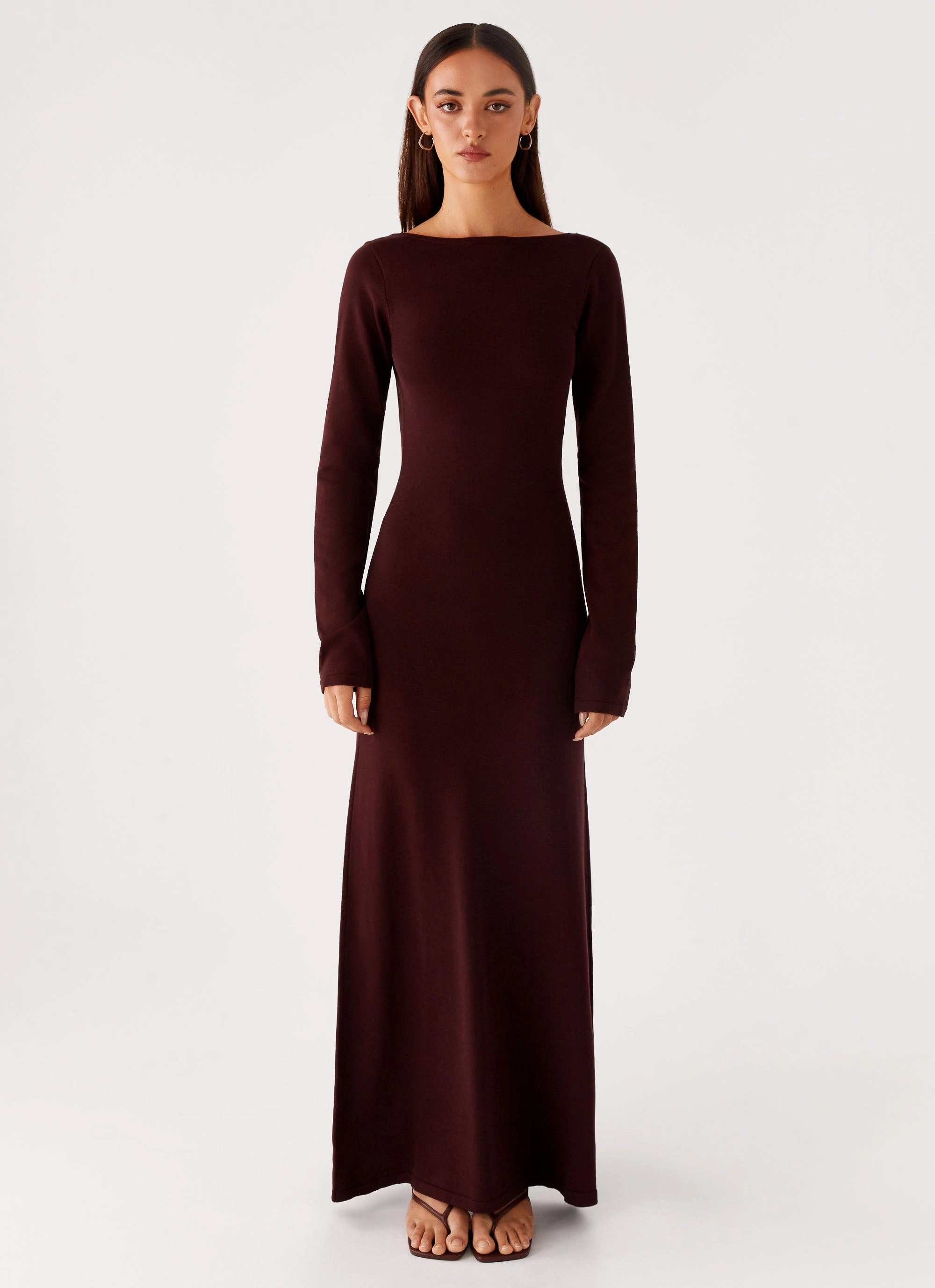 Adora Long Sleeve Knit Maxi Dress - Chocolate Flutter-Sleeve