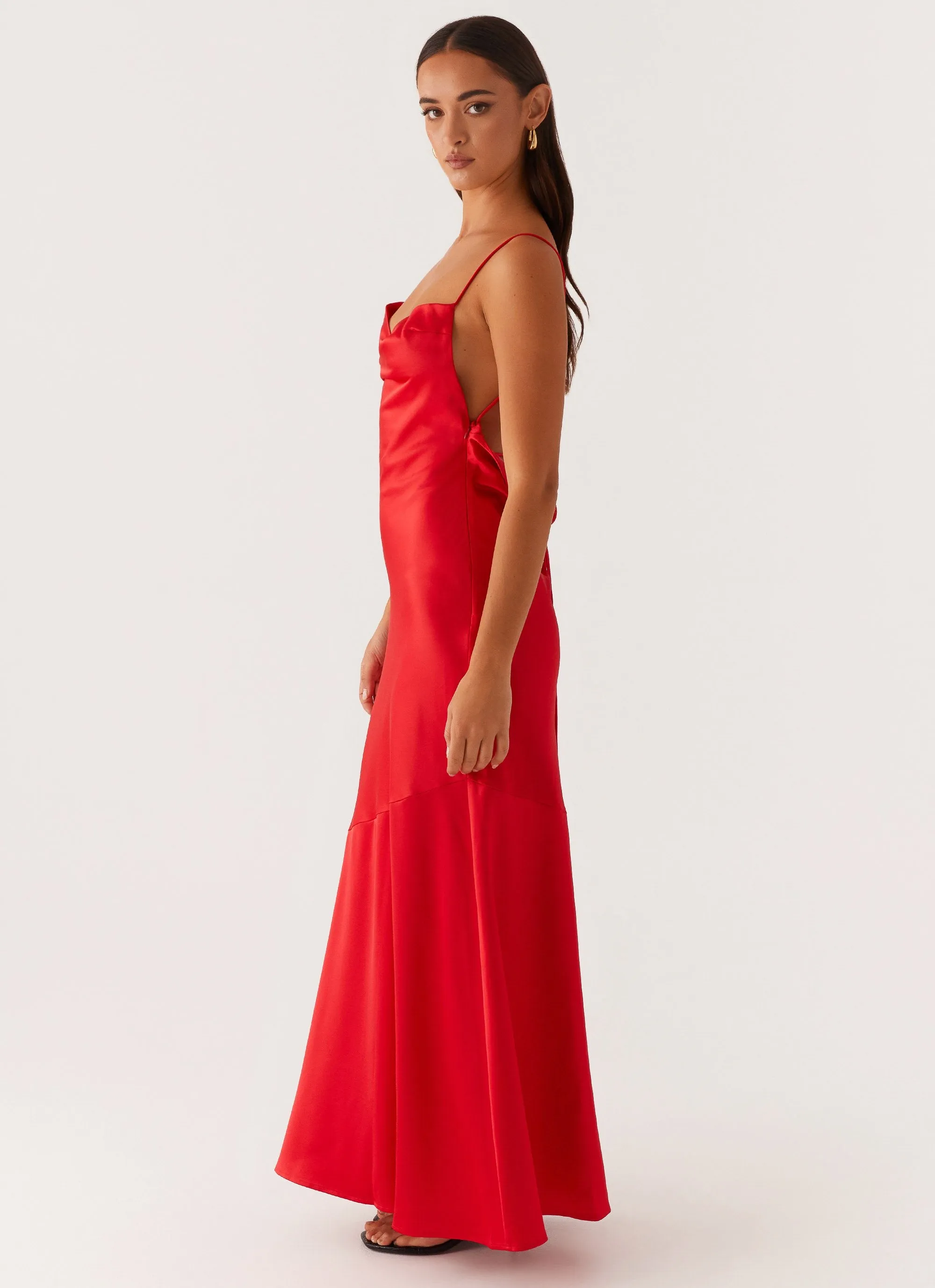 Versatile dress for layering Waist Seam Alianna Cowl Neck Satin Maxi Dress - Red