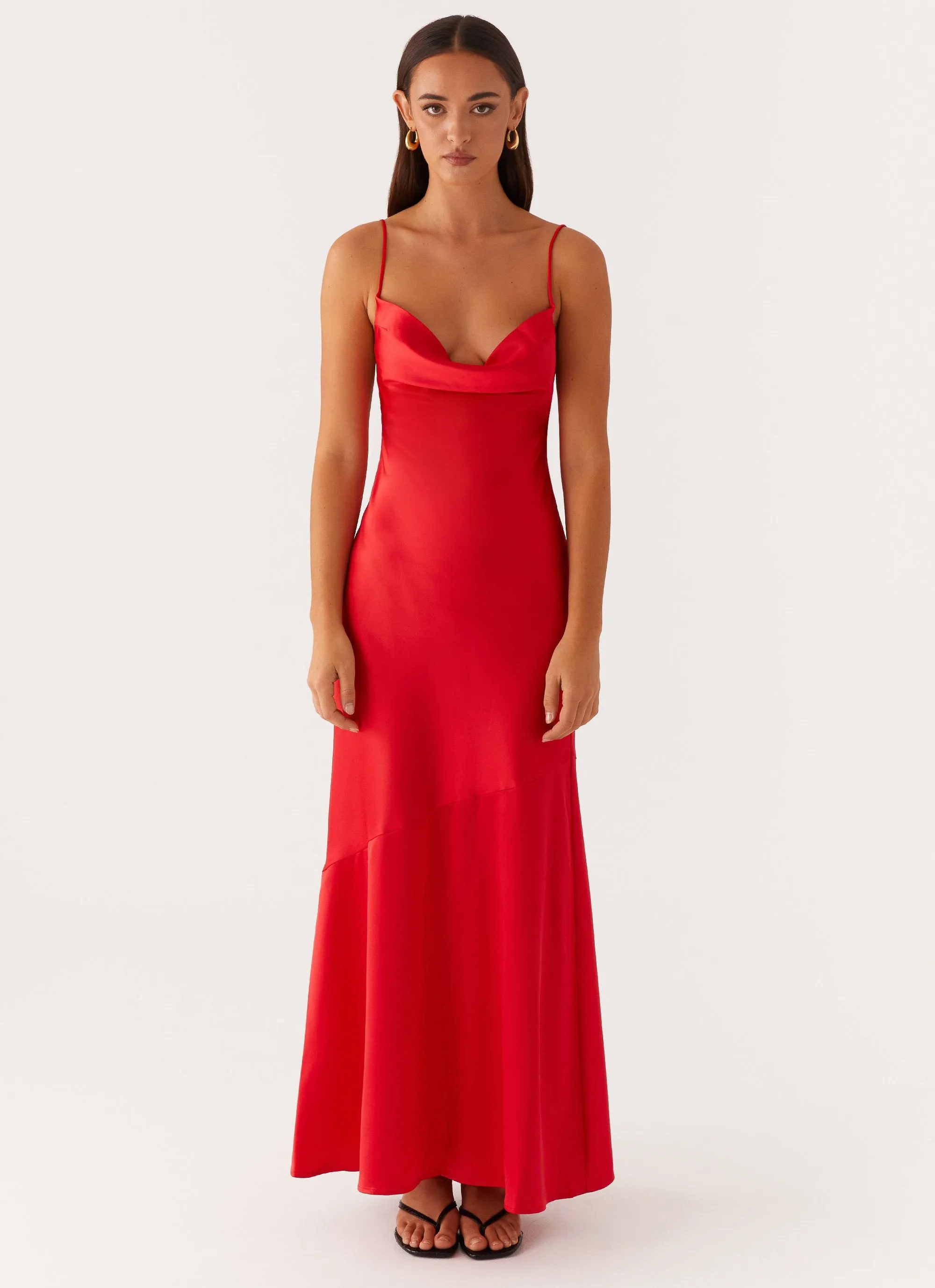 Air Beauty Natural Fit Alianna Cowl Neck Satin Maxi Dress - Red