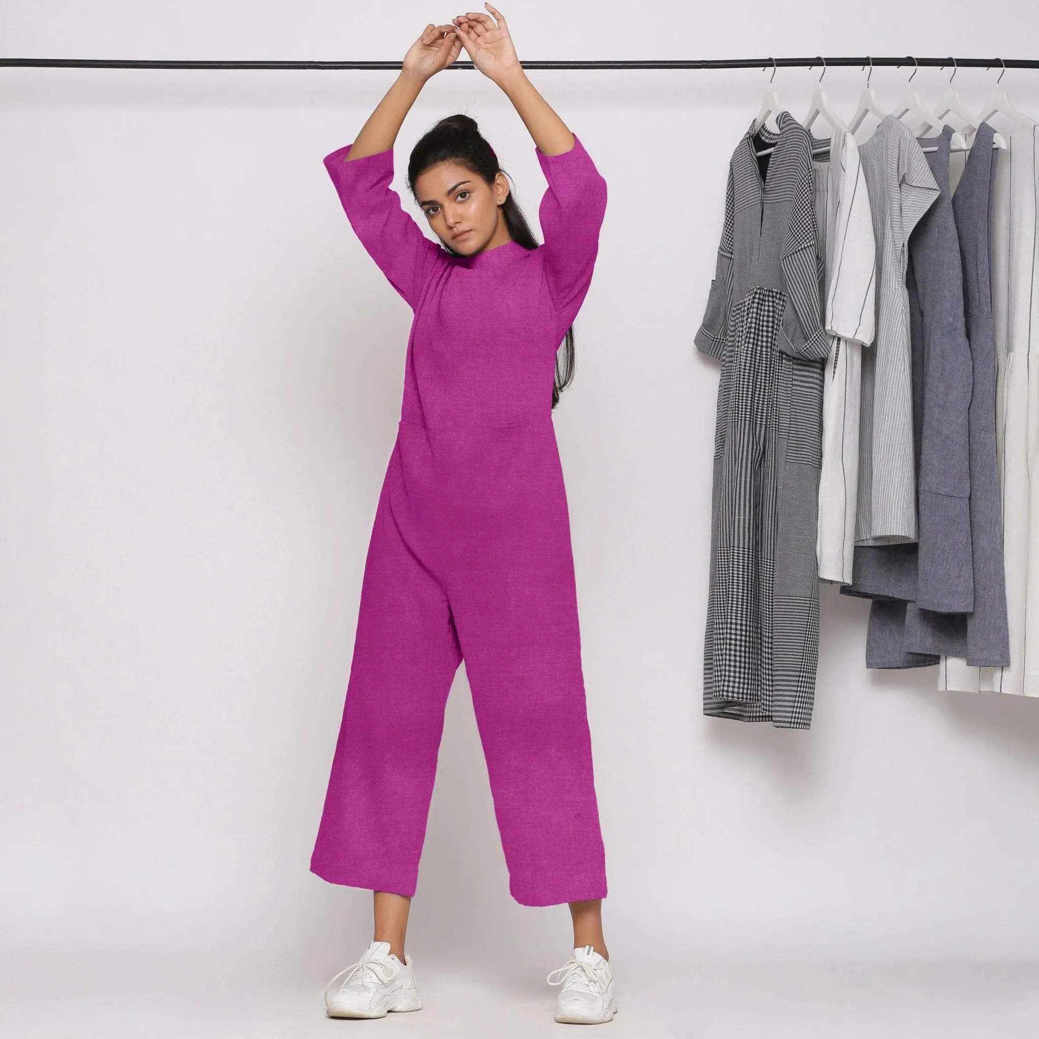 Magenta 100% Linen Ankle Length High Neck Jumpsuit