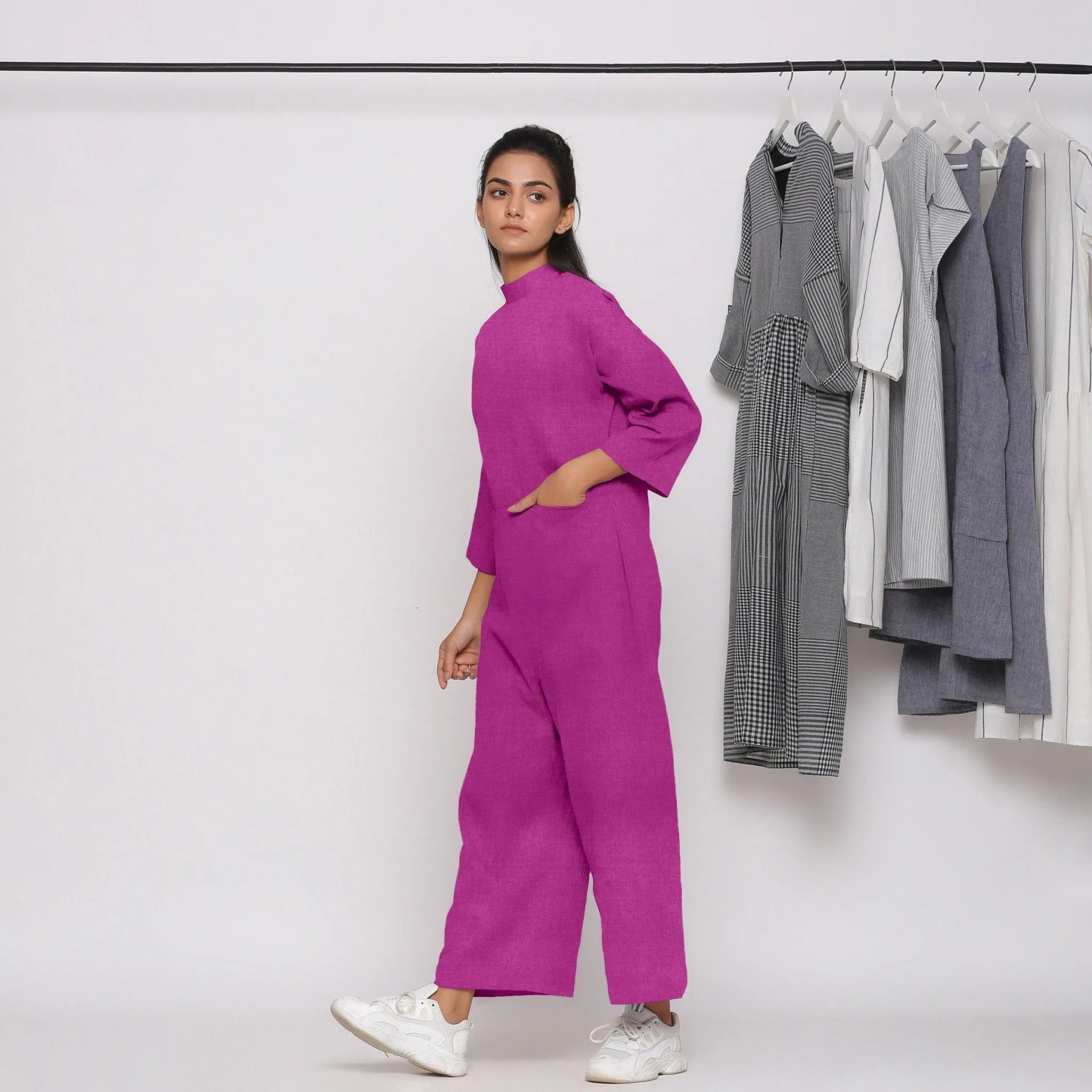Magenta 100% Linen Ankle Length High Neck Jumpsuit