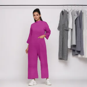 Magenta 100% Linen Ankle Length High Neck Jumpsuit