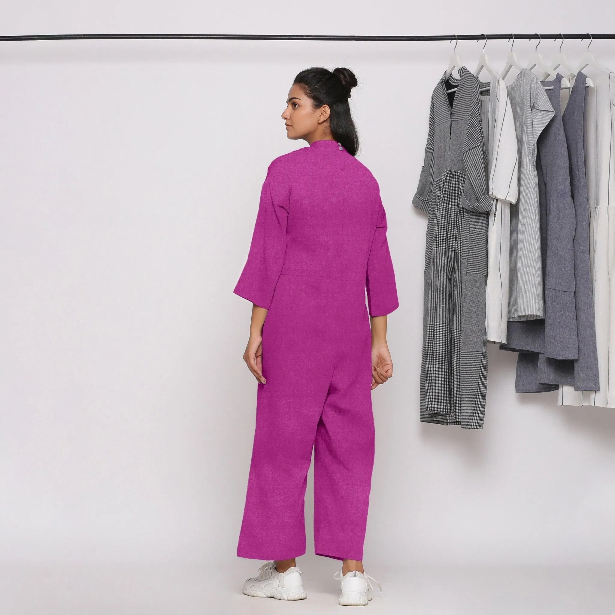 Magenta 100% Linen Ankle Length High Neck Jumpsuit