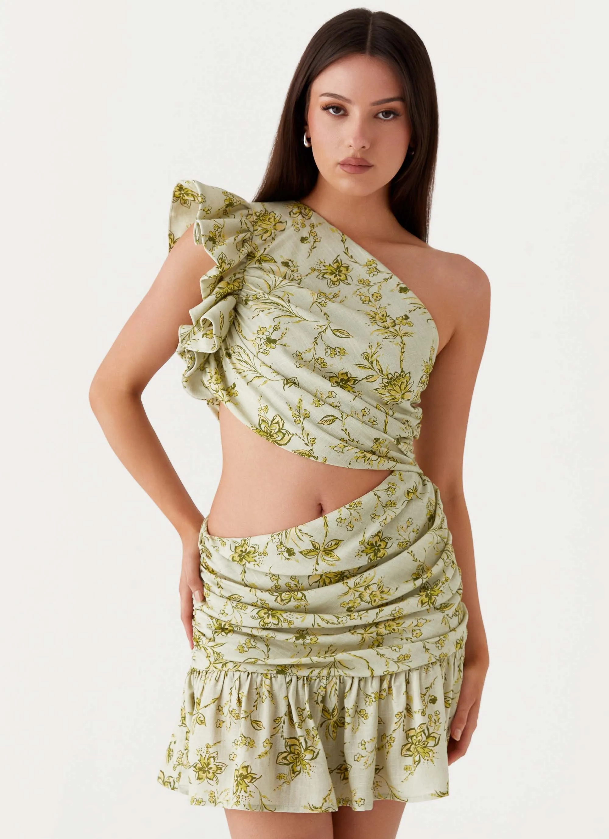 Wrap-Style Color-Blocked Maisie Linen Mini Dress - Sage Floral