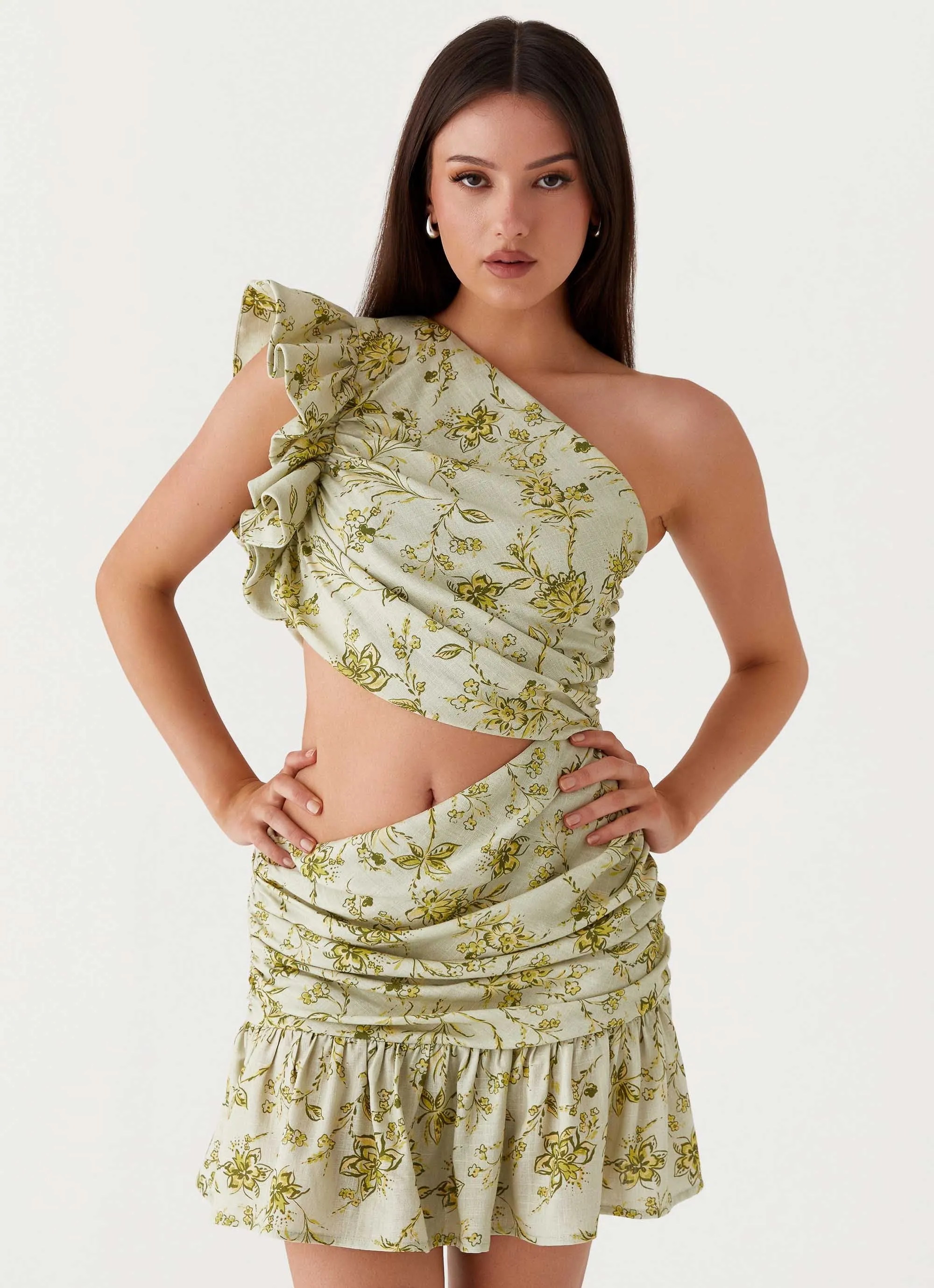 Evening Glow Relaxed Mood Maisie Linen Mini Dress - Sage Floral