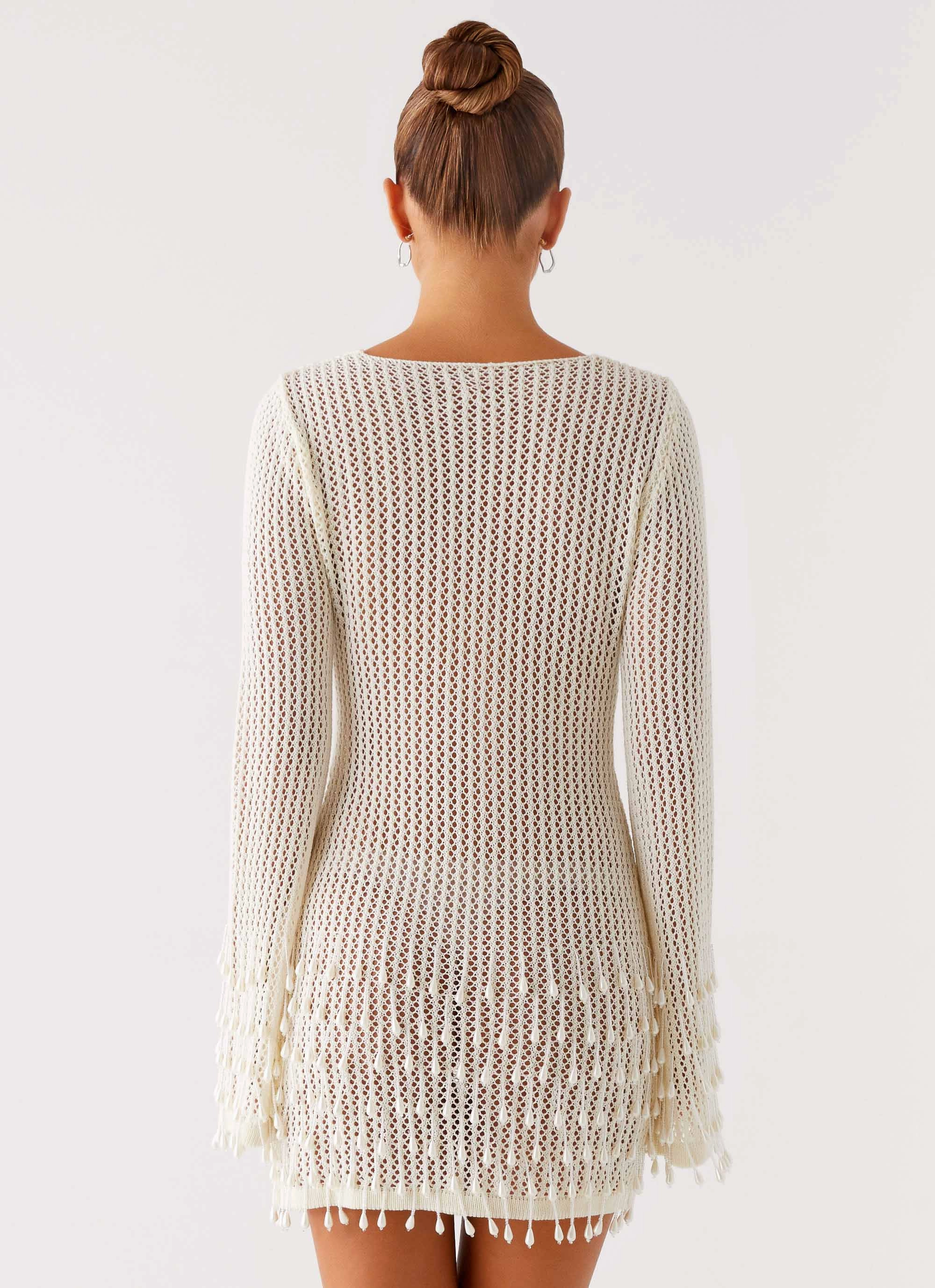 Majestic Beaded Crochet Mini Dress - Ivory Casual Chic Texture Soft