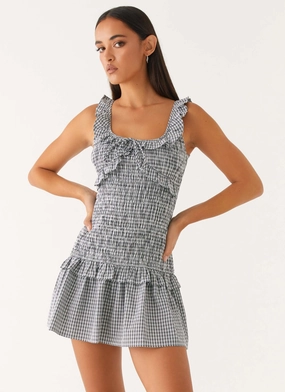 Mali Shirred Mini Dress - Checker Bell-Sleeve New York