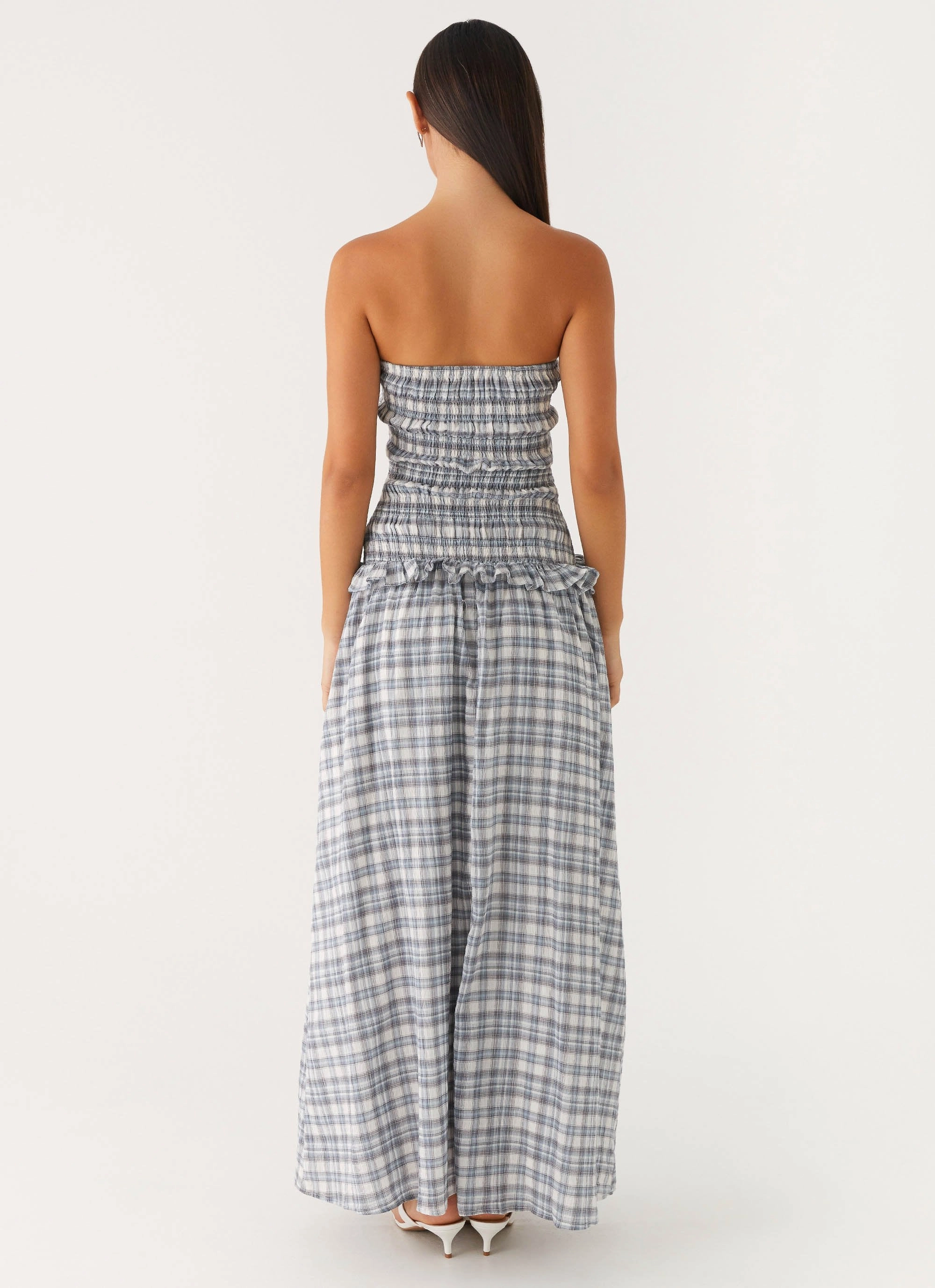 Malia Shirred Maxi Dress - Blue Grey Check Bohemian-Style