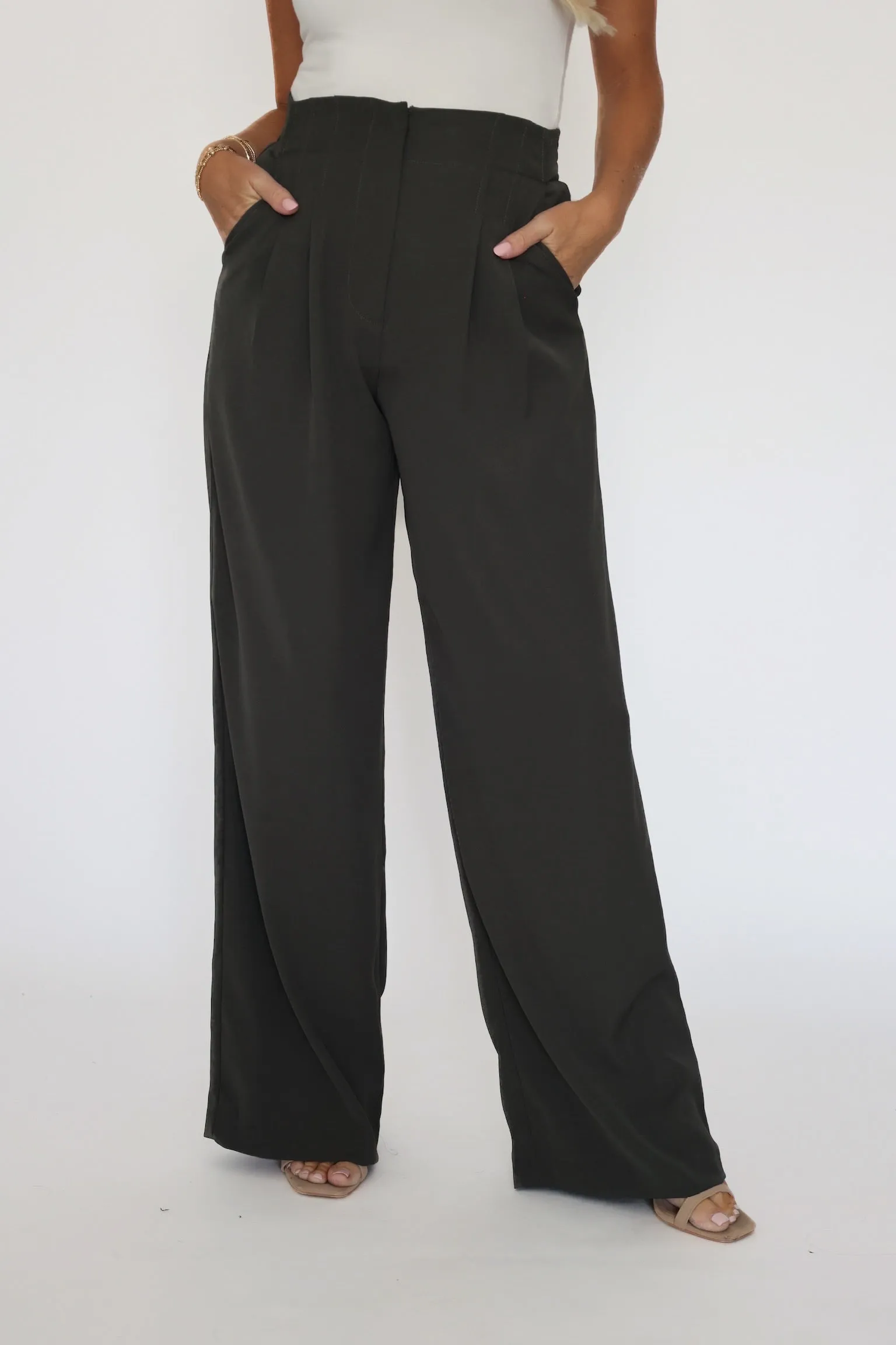 elastic waistband Utility Style Malibu Wide Leg Pants - Dark Olive