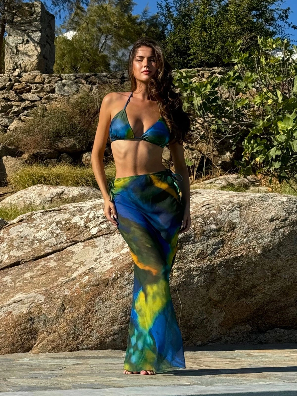 Leather Look Maternity Friendly Malibu Sheer Beach Maxi Skirt / Blue and Green