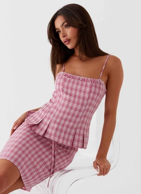 Mamita Ruched Top - Pink Check Moisture Management Fabric