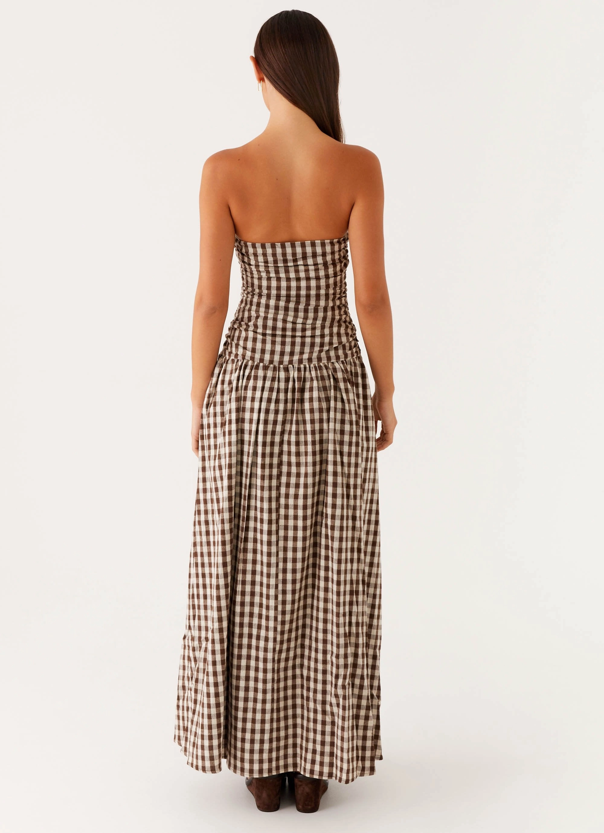 Beadwork Shared Glow Carmel Maxi Dress - Brown Gingham
