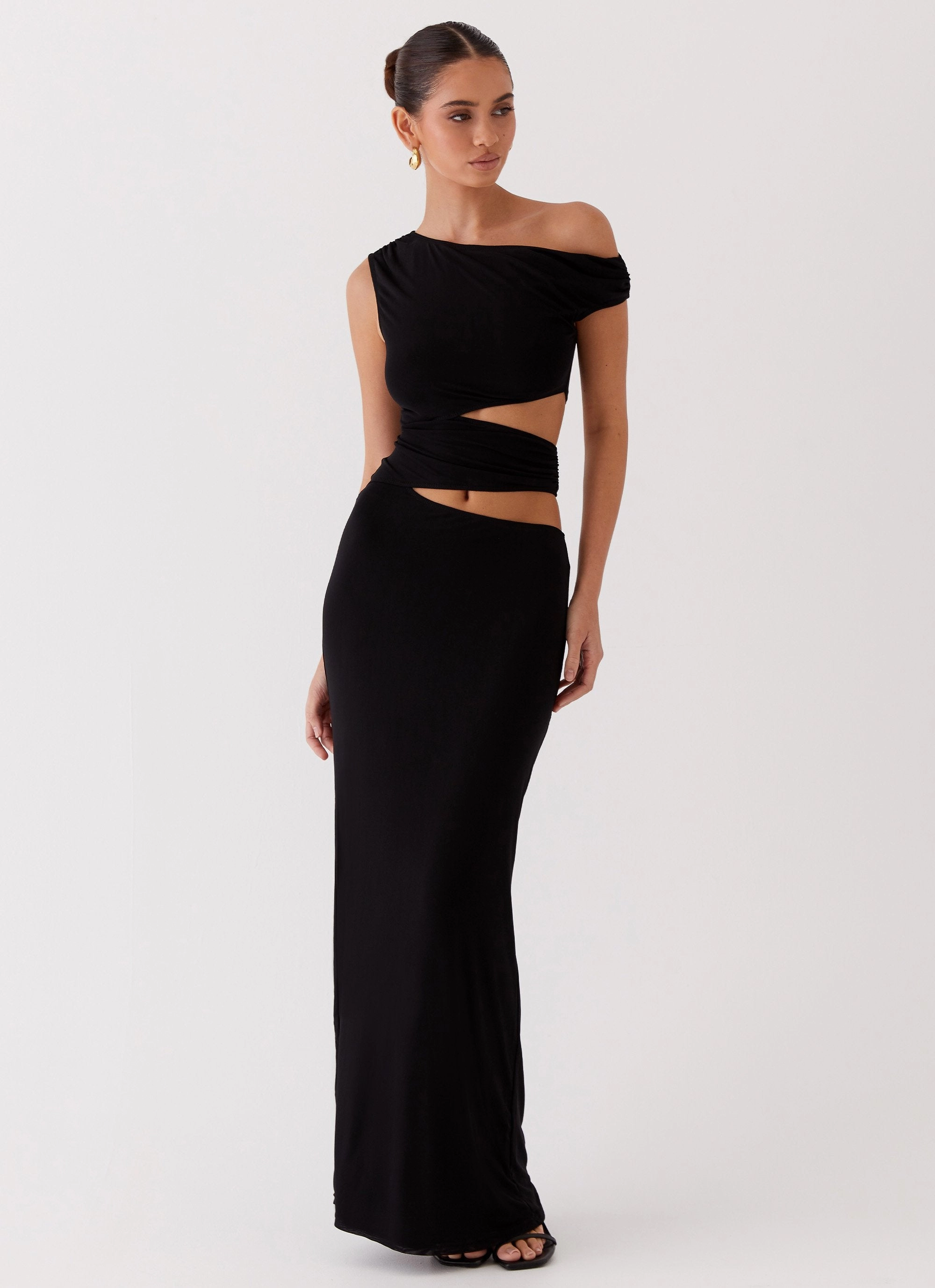 Beaded-Sleeve Margot One Shoulder Maxi Dress - Black