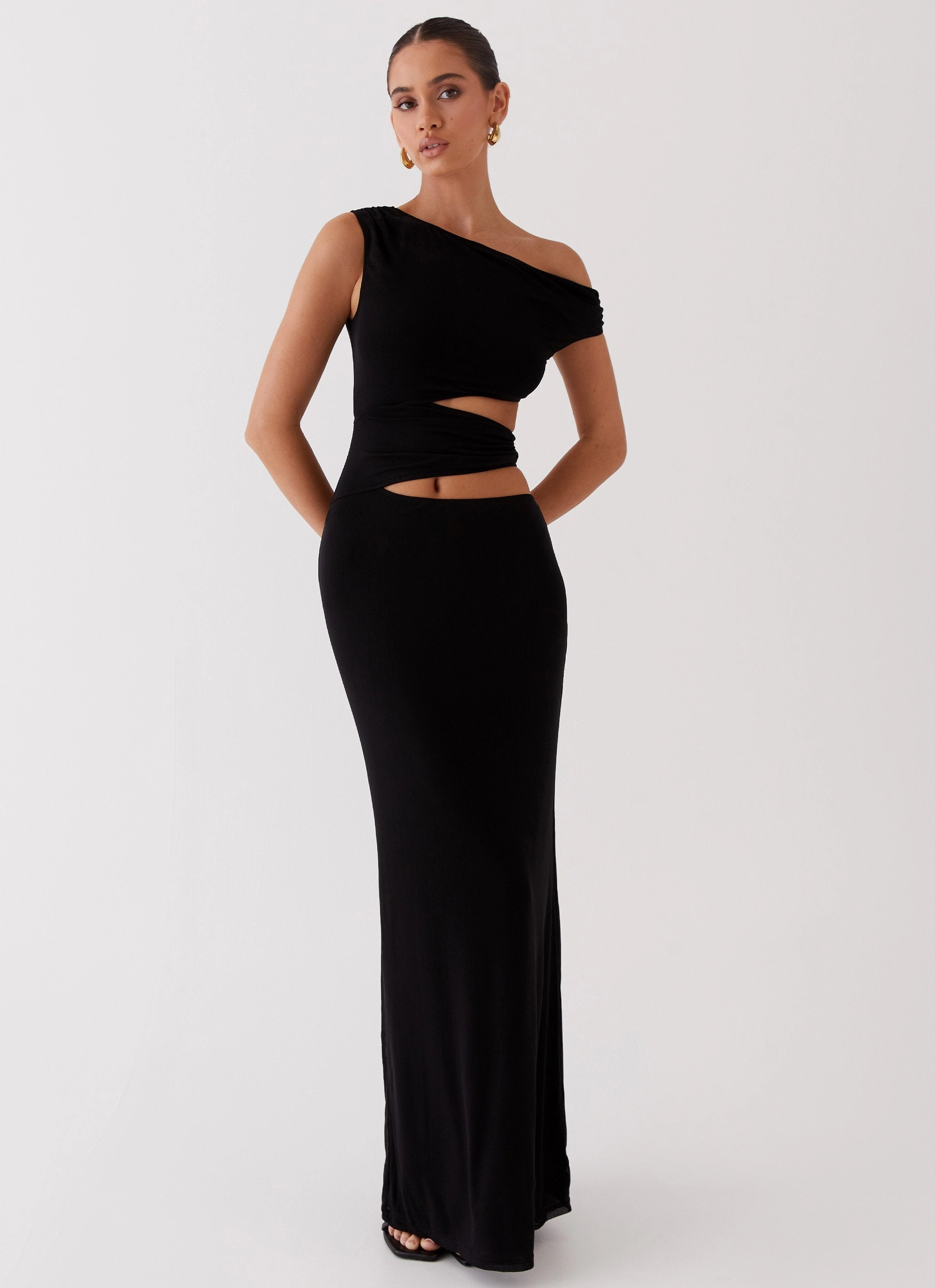 Elastic-Waist Flexible Cut Margot One Shoulder Maxi Dress - Black