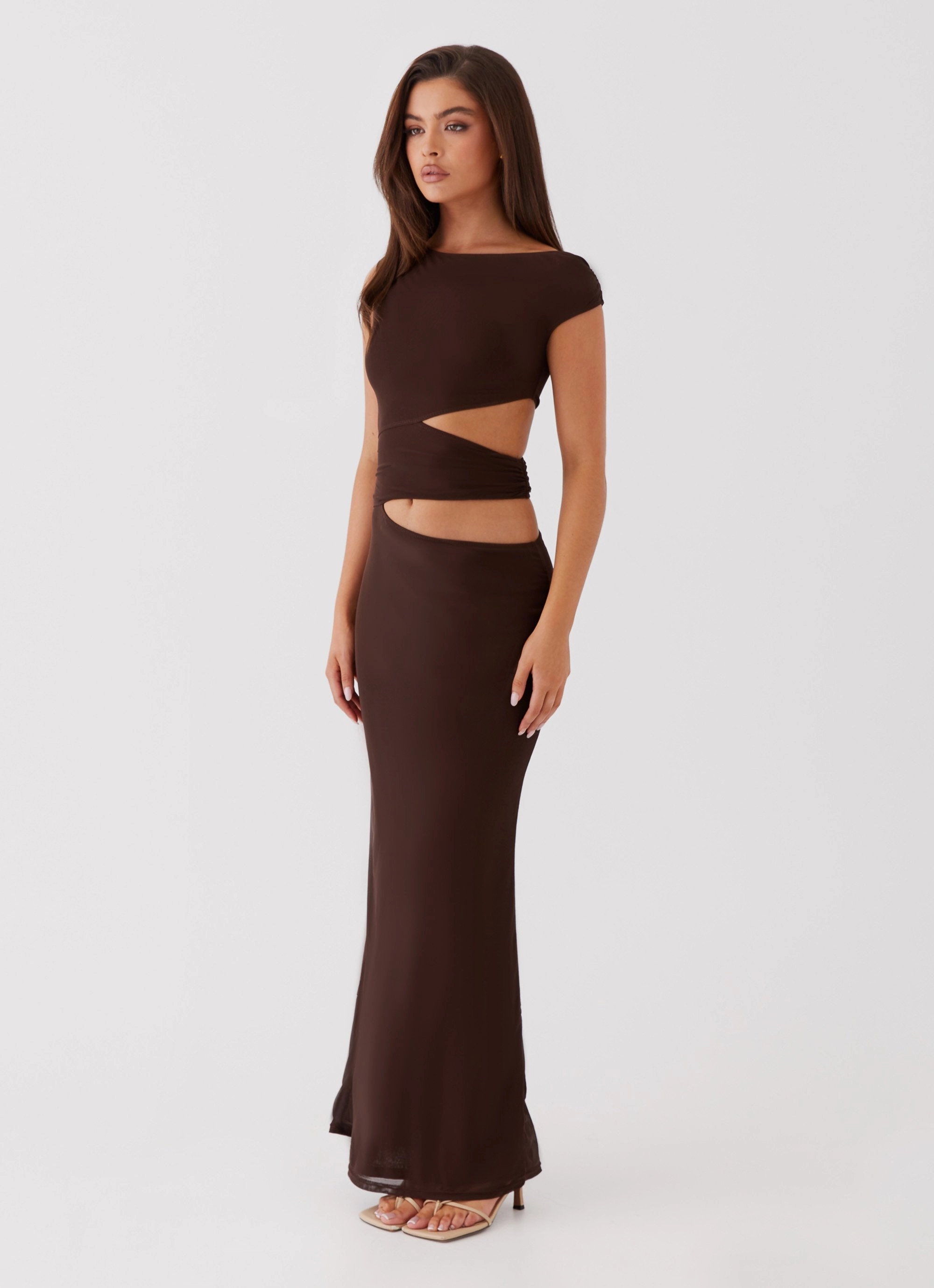 Sporty Comfort Natural Silhouette Margot One Shoulder Maxi Dress - Chocolate